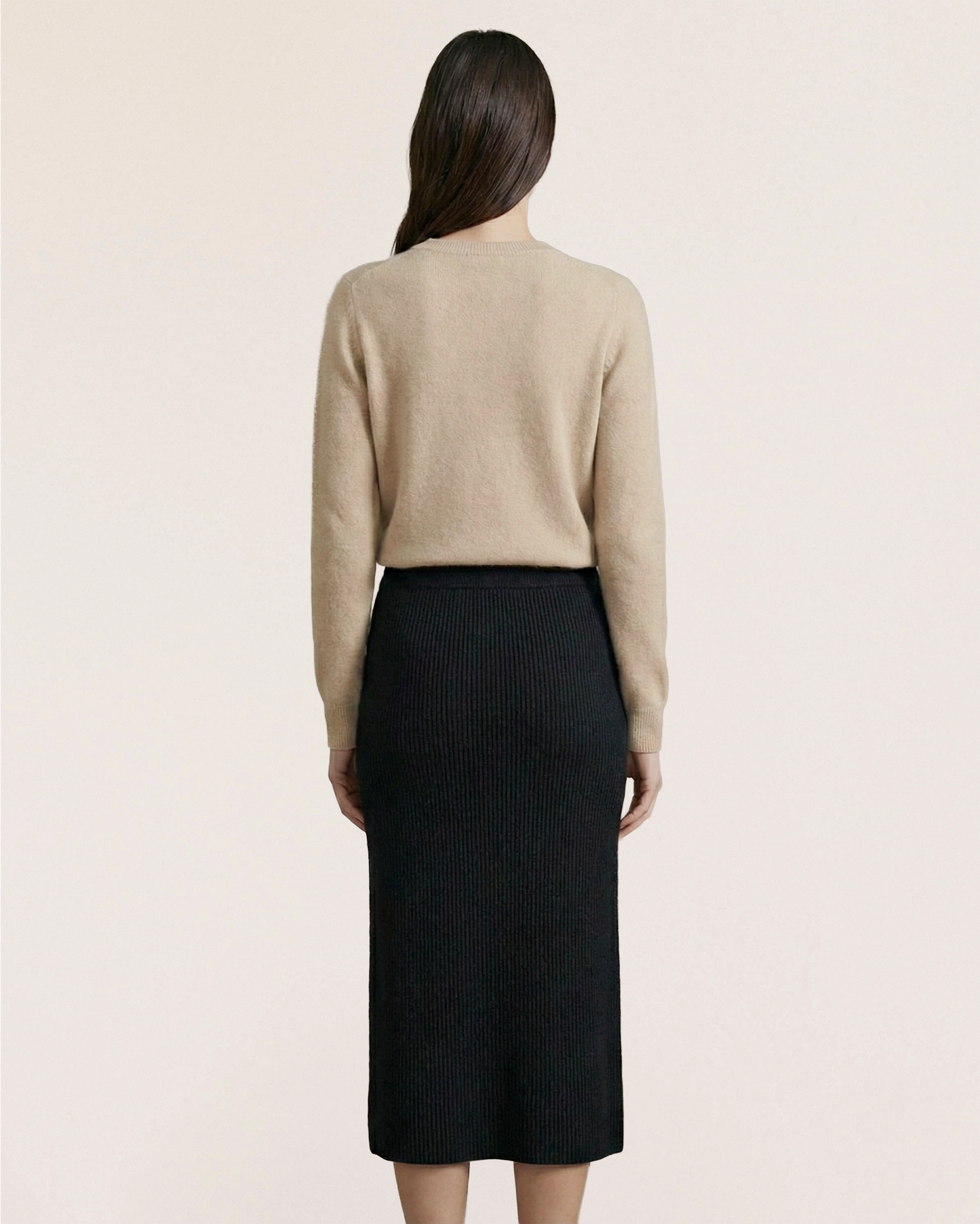 VIONIS-XY-lookbook-model-wearing-100-percent-inner-mongolian-cashmere-black-midi-skirt-full-back