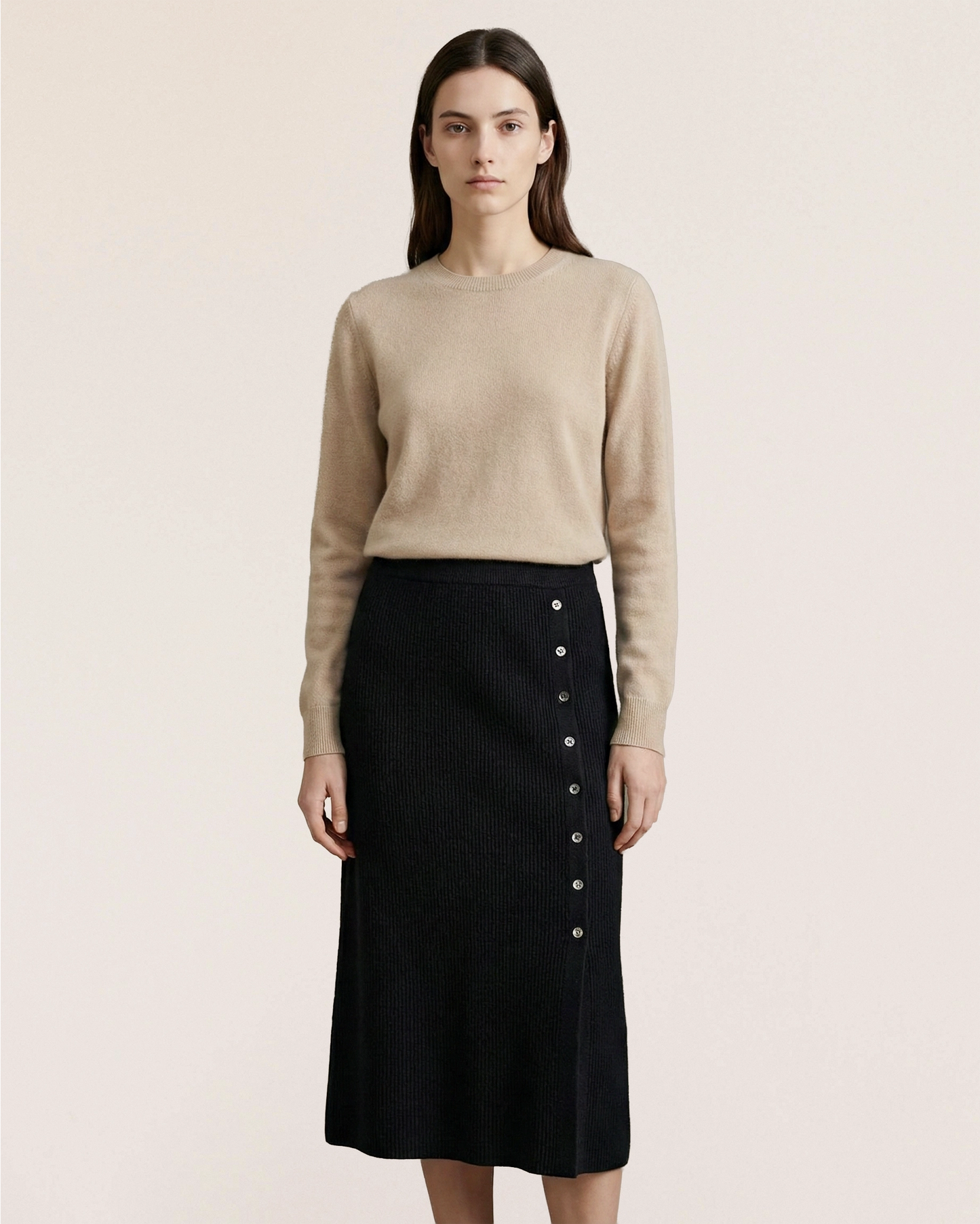 VIONIS-XY-lookbook-model-wearing-100-percent-inner-mongolian-cashmere-black-midi-skirt-front