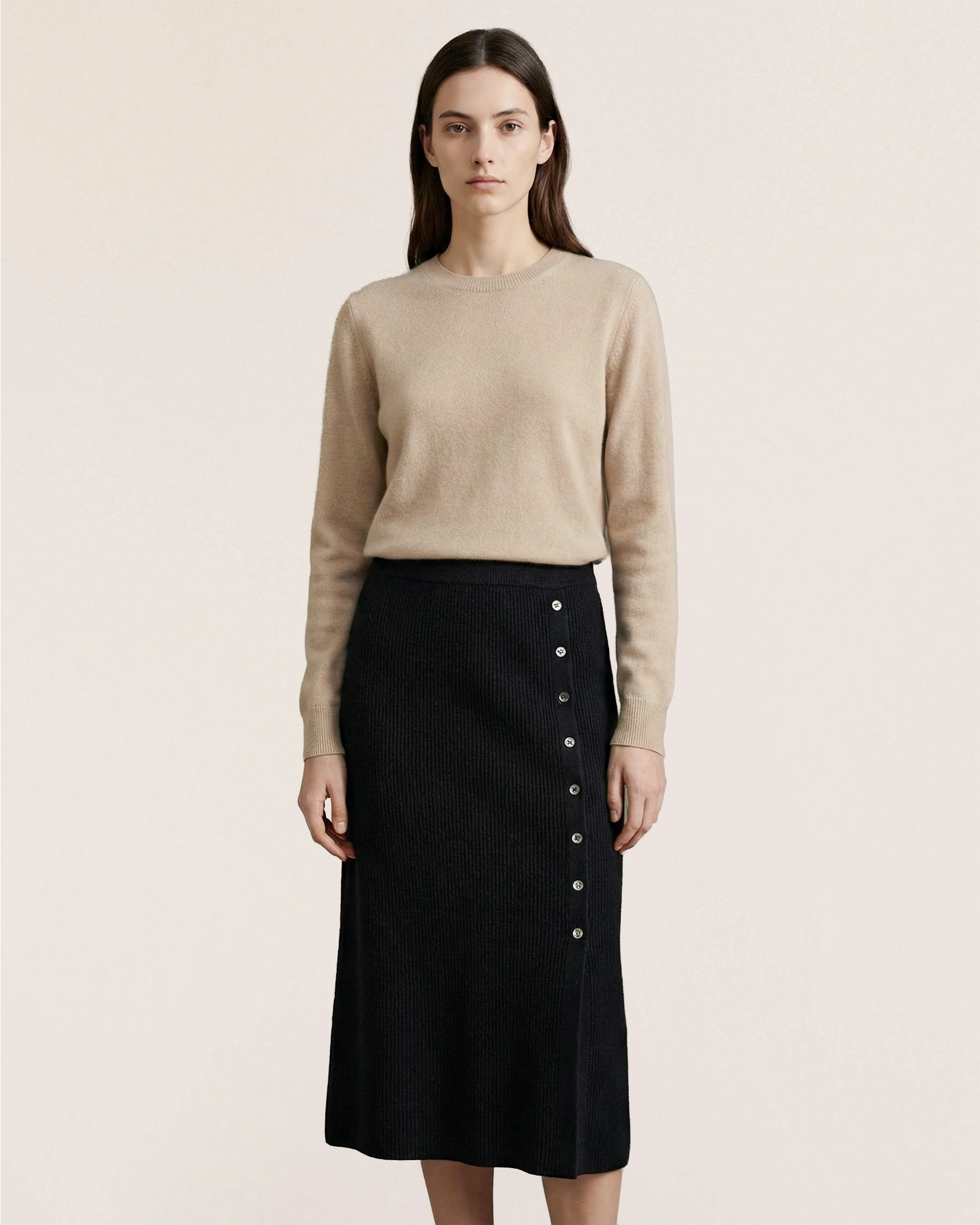 VIONIS-XY-lookbook-model-wearing-100-percent-inner-mongolian-cashmere-black-midi-skirt-front