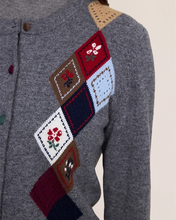 Close-up of VIONIS·XY floral argyle intarsia, vintage diamond and flower pattern on 100% wool cardigan