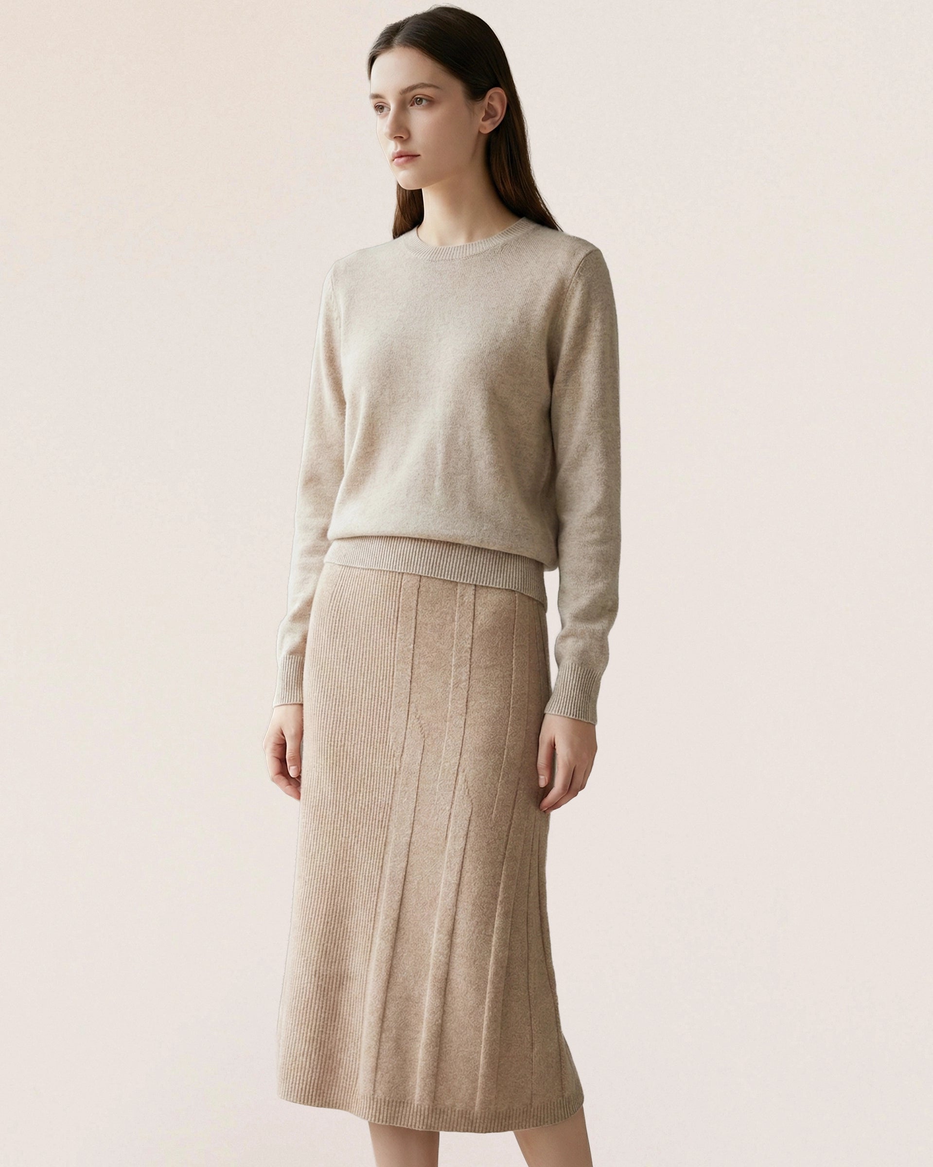 VIONIS-XY-lookbook-model-wearing-100-percent-inner-mongolian-cashmere-camel-ribbed-midi-skirt-220g-luxury-knitwear