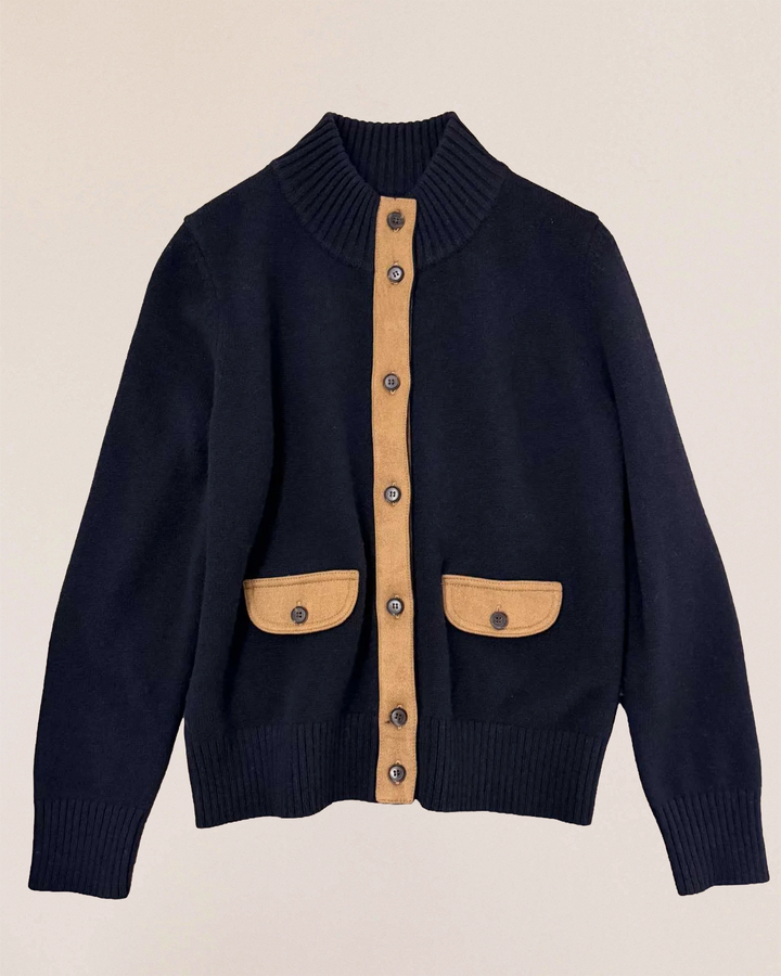 VIONIS·XY 100% Merino Wool knit cardigan featuring contrast suede trim and classic button-front design