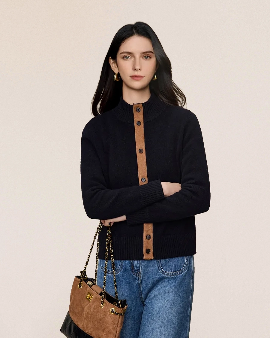 VIONIS·XY contrast trim cardigan made from 100% Merino Wool, women’s luxury knitwear with suede trim detail and structured silhouette