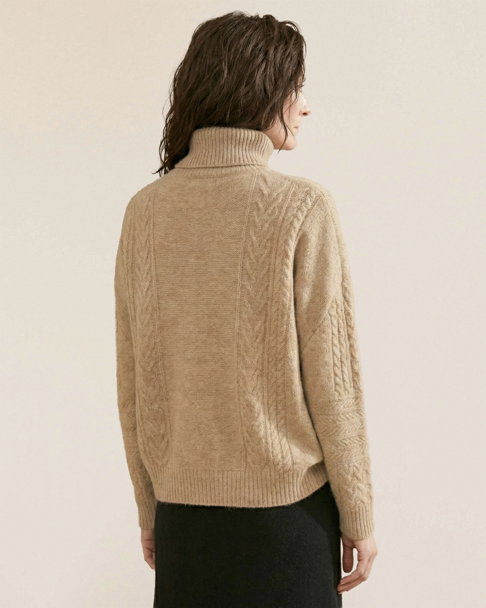 VIONIS·XY back view of heritage cable turtleneck in oatmeal, dense 320g 100% Inner Mongolia cashmere knit