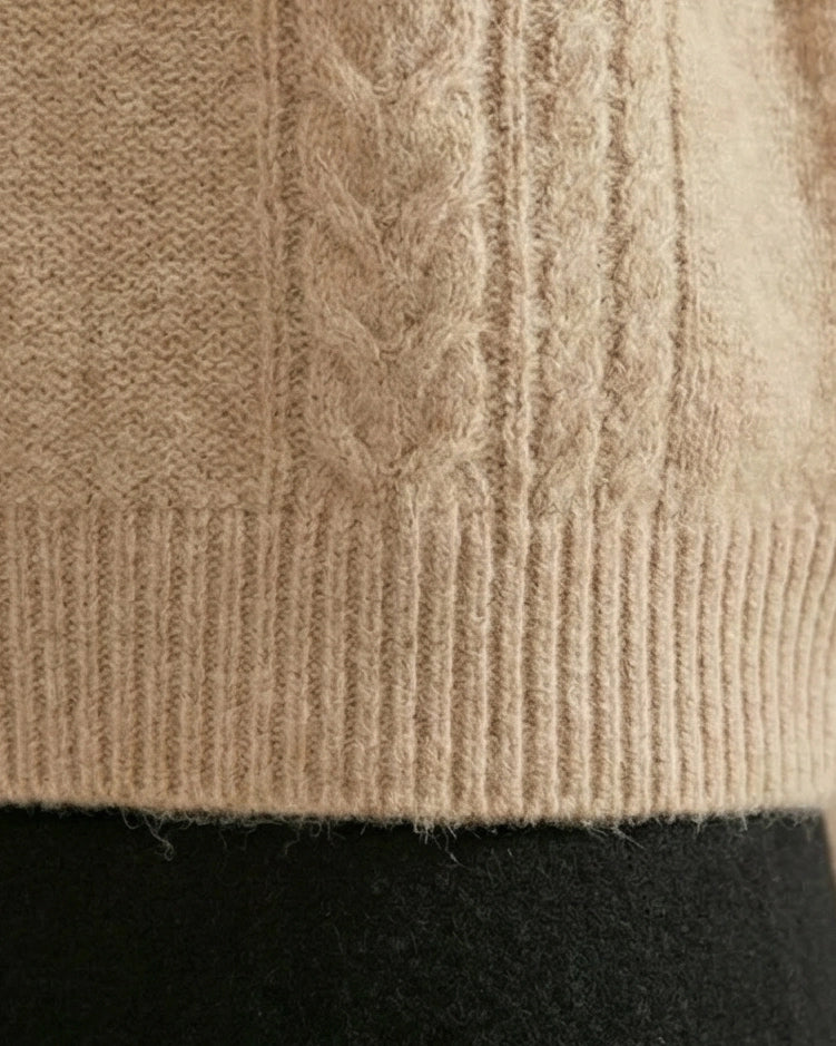VIONIS·XY cable knit texture detail in oatmeal, intricate pattern in 320g 100% Inner Mongolia cashmere