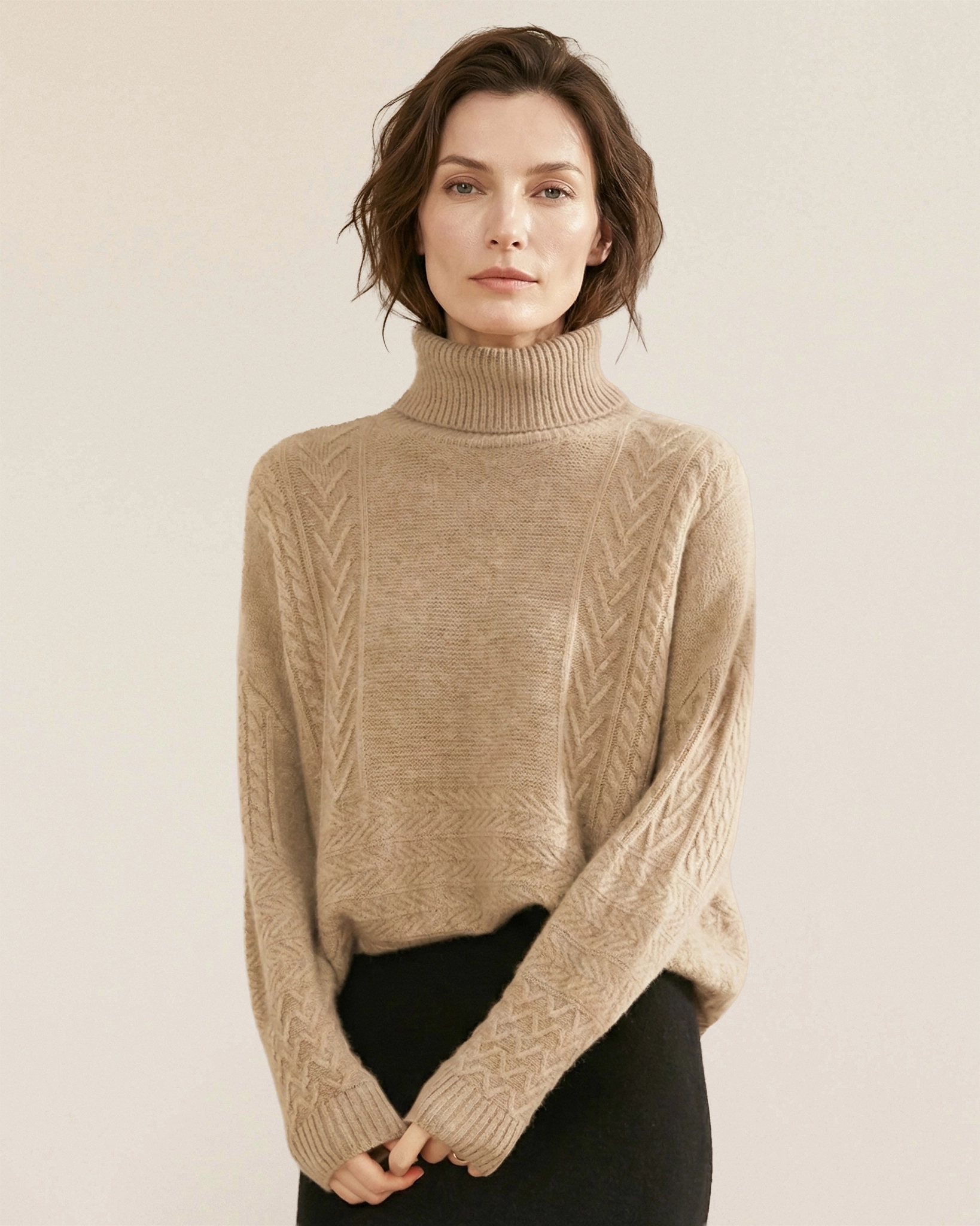 VIONIS·XY heritage cable turtleneck sweater in oatmeal made from 100% Inner Mongolia cashmere, 320g heavyweight knit front view