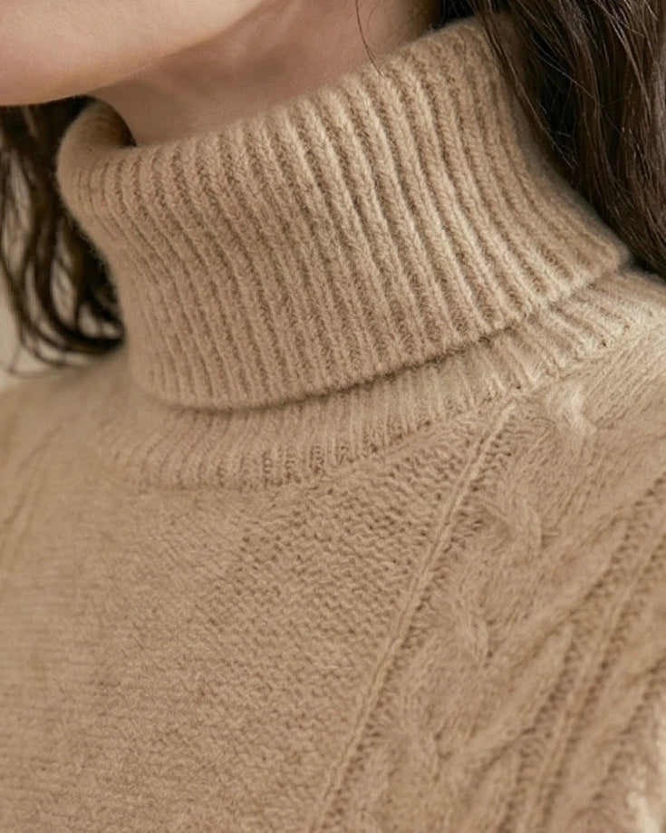 VIONIS·XY close-up of oatmeal turtleneck collar, thick 320g 100% Inner Mongolia cashmere cable knit