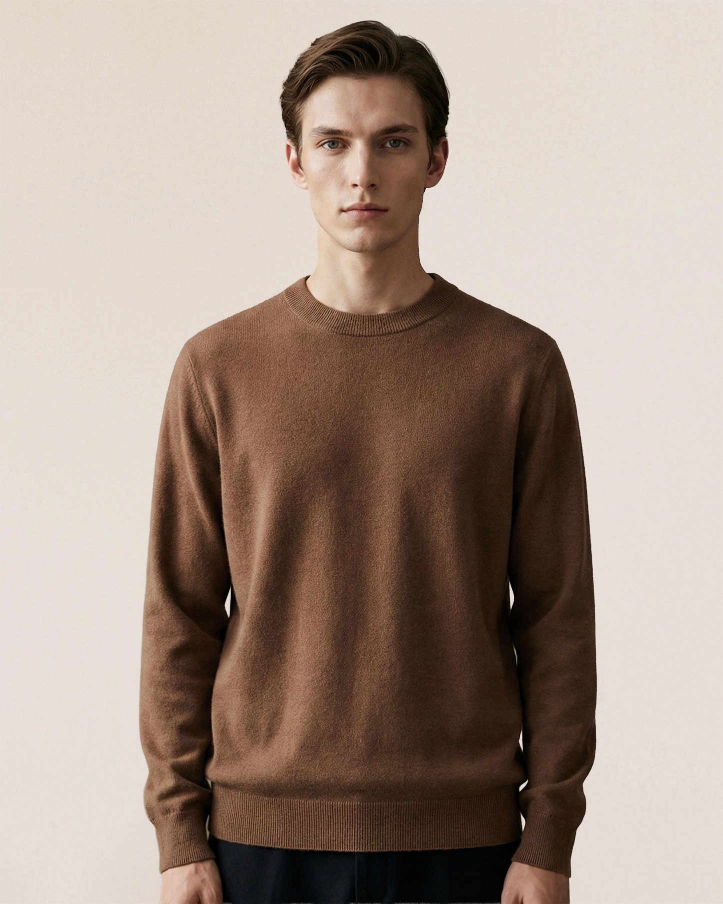 VIONIS·XY 16µm 100s worsted merino wool crewneck sweater in [Color], front view with structured heavyweight drape