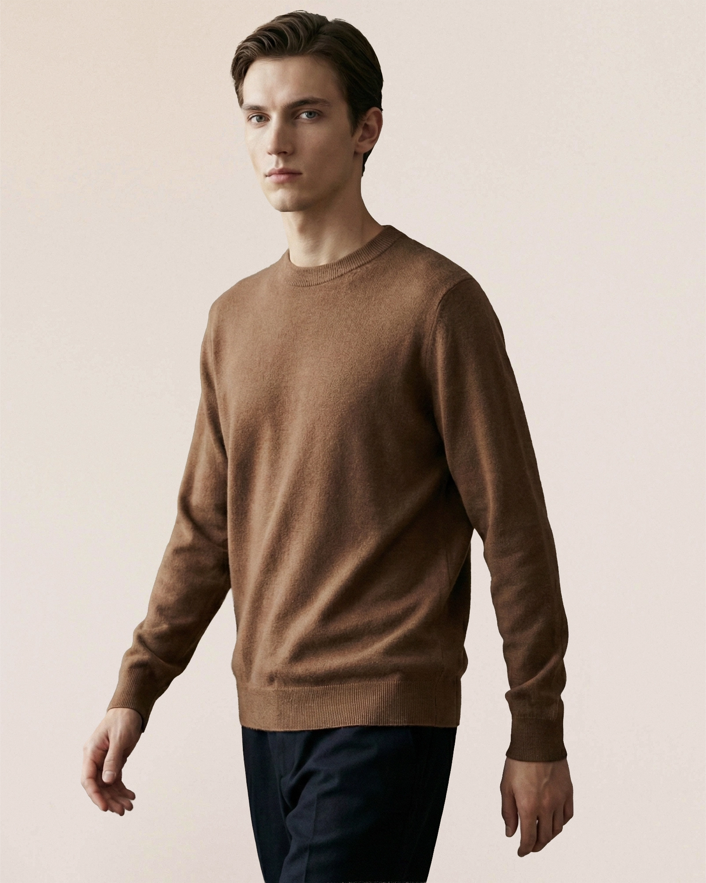 VIONIS·XY 16µm 100s worsted merino wool crewneck sweater in [Color], front view with structured heavyweight drape