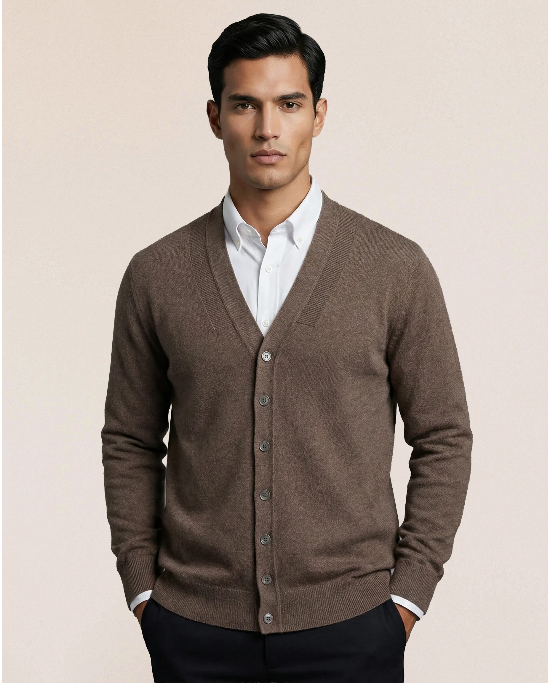 VIONIS·XY 280g Inner Mongolia cashmere cardigan in camel, front view with warm classic tone