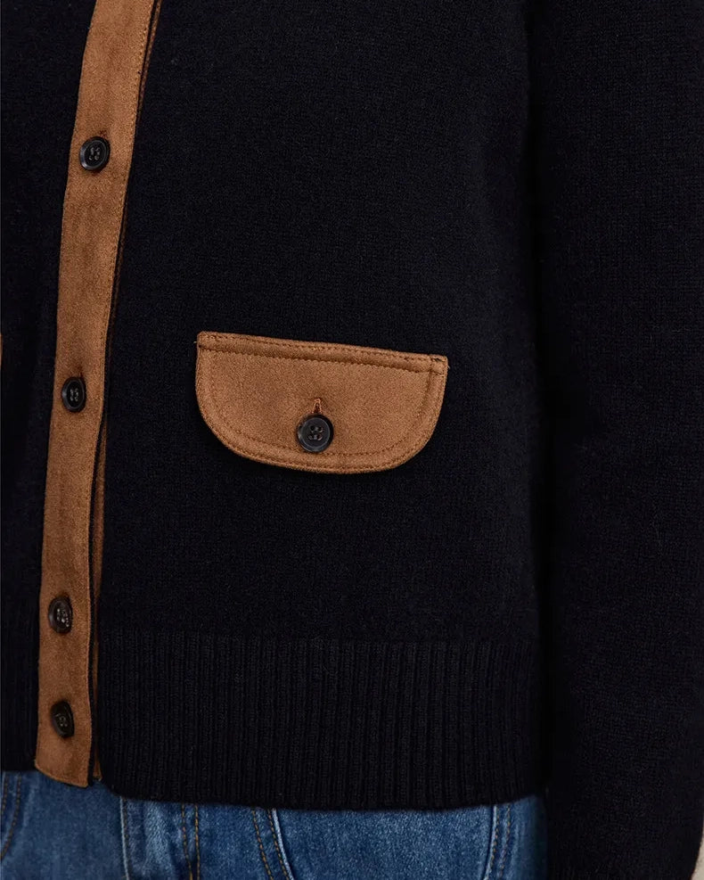 VIONIS·XY 100% Merino Wool knit cardigan featuring contrast suede trim and classic button-front design