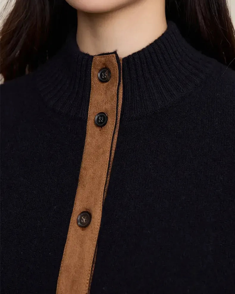 VIONIS·XY luxury 100% Merino Wool cardigan with contrast suede trim, refined button detail and equestrian-inspired style
