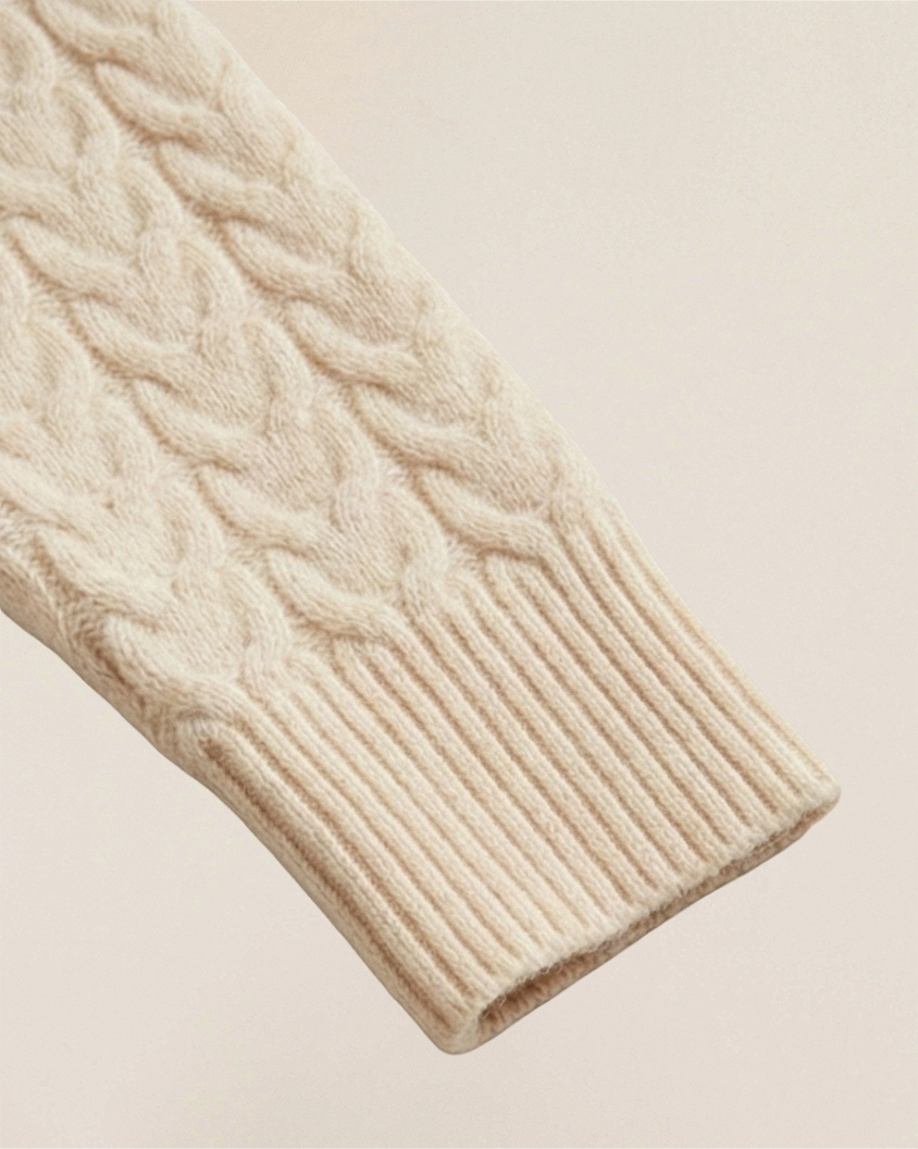 VIONIS·XY ribbed cuff detail of ecru turtleneck sweater, soft 320g 100% Inner Mongolia cashmere