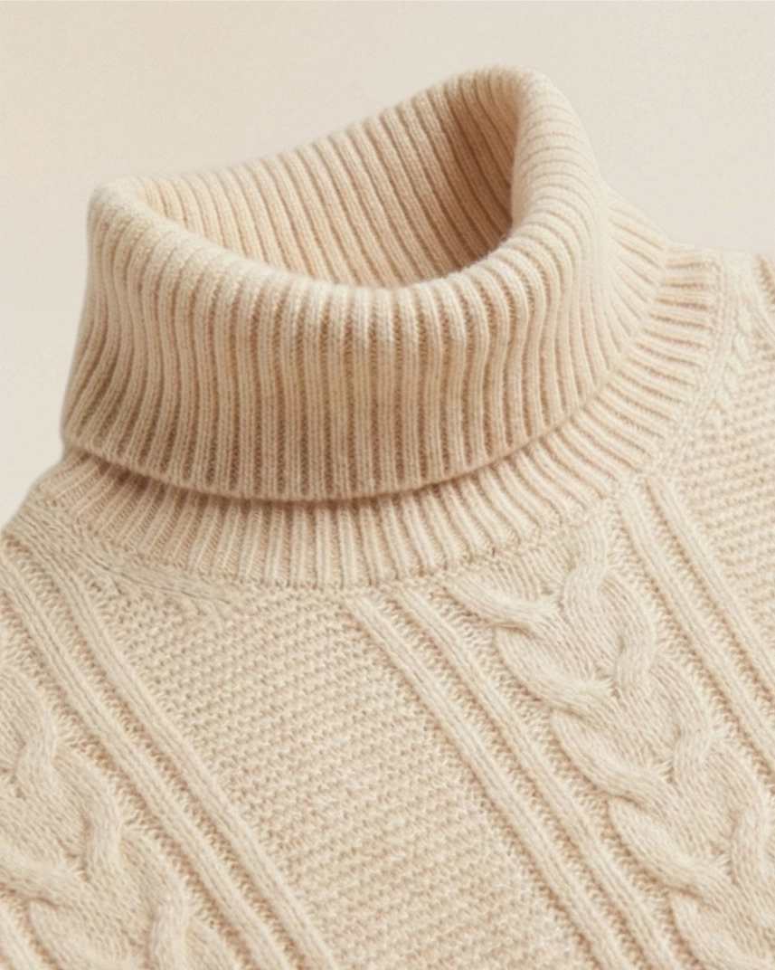 VIONIS·XY close-up of turtleneck collar in ecru, 320g heavyweight 100% Inner Mongolia cashmere cable knit