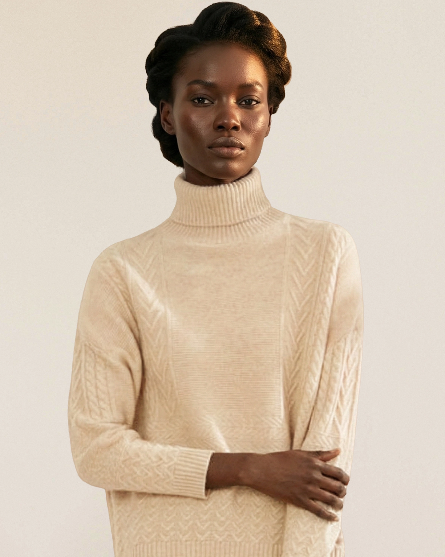 VIONIS·XY heritage cable turtleneck sweater in ecru made from 100% Inner Mongolia cashmere, 320g heavyweight knit front view