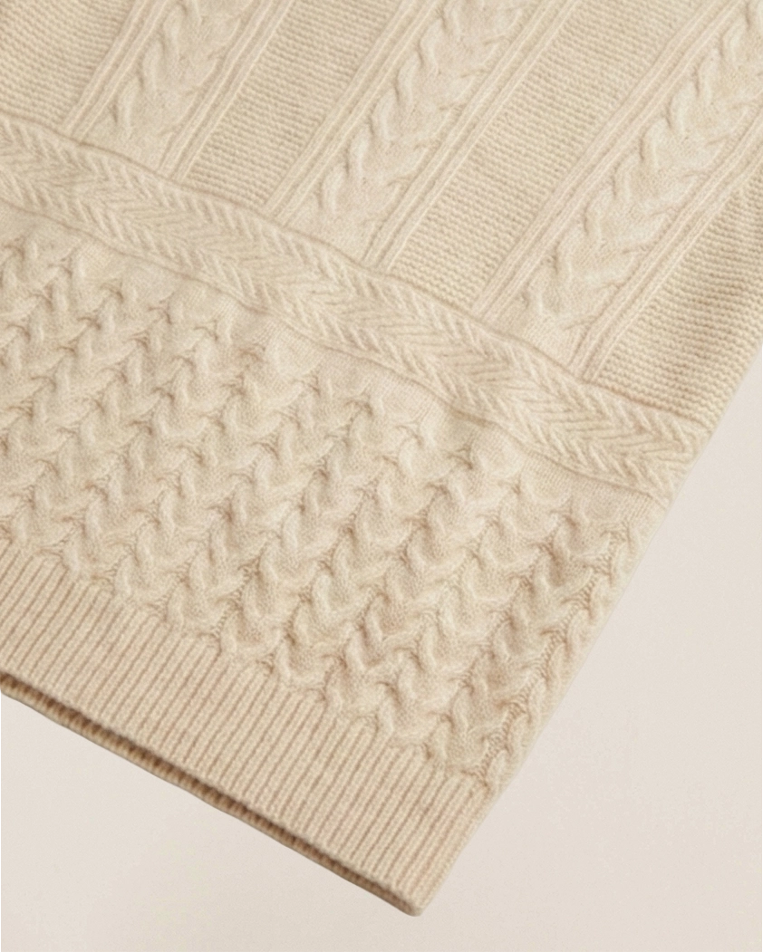 VIONIS·XY cable knit texture detail in ecru, artisan pattern in 320g 100% Inner Mongolia cashmere