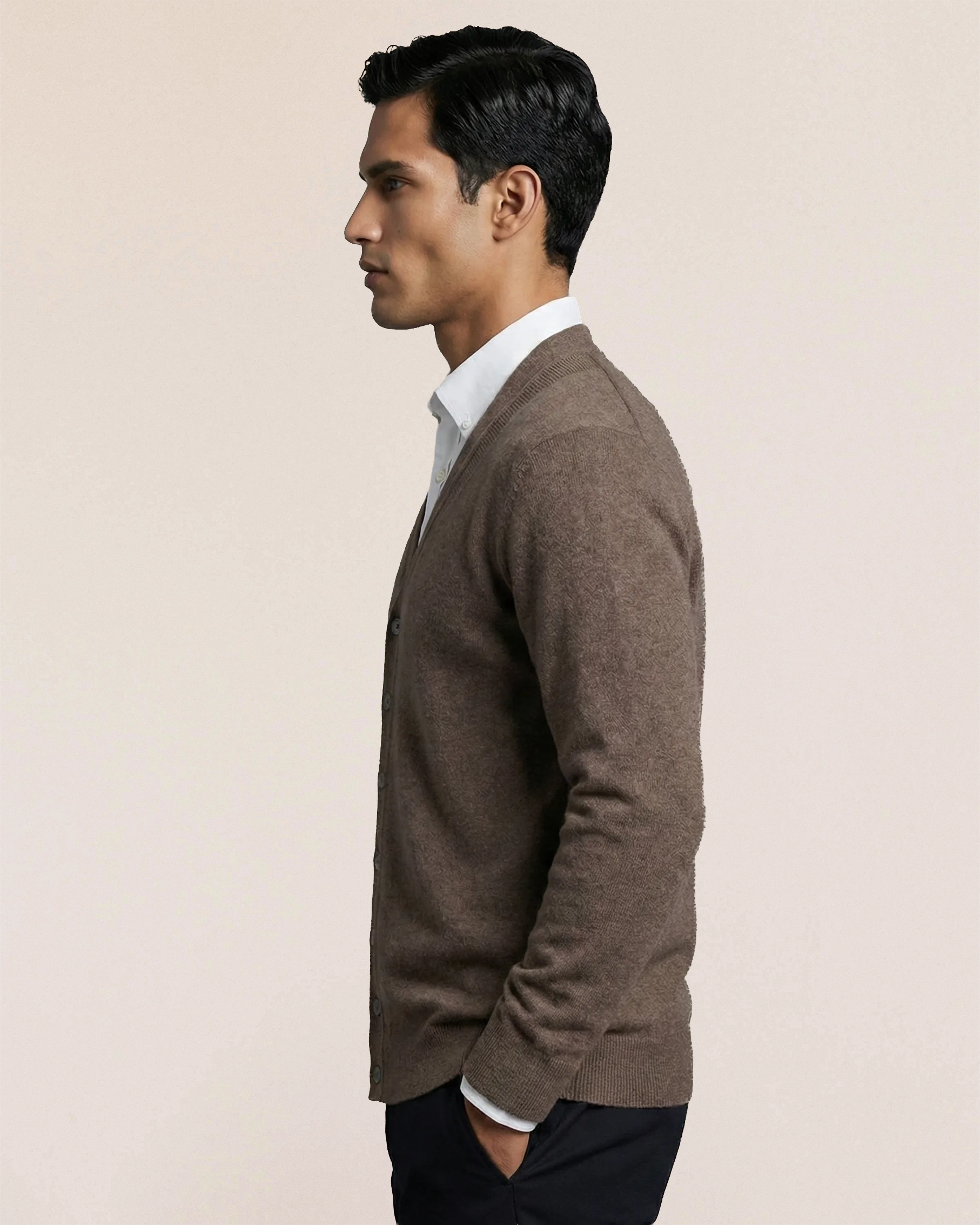 VIONIS·XY camel cashmere cardigan back view, timeless minimalist silhouette