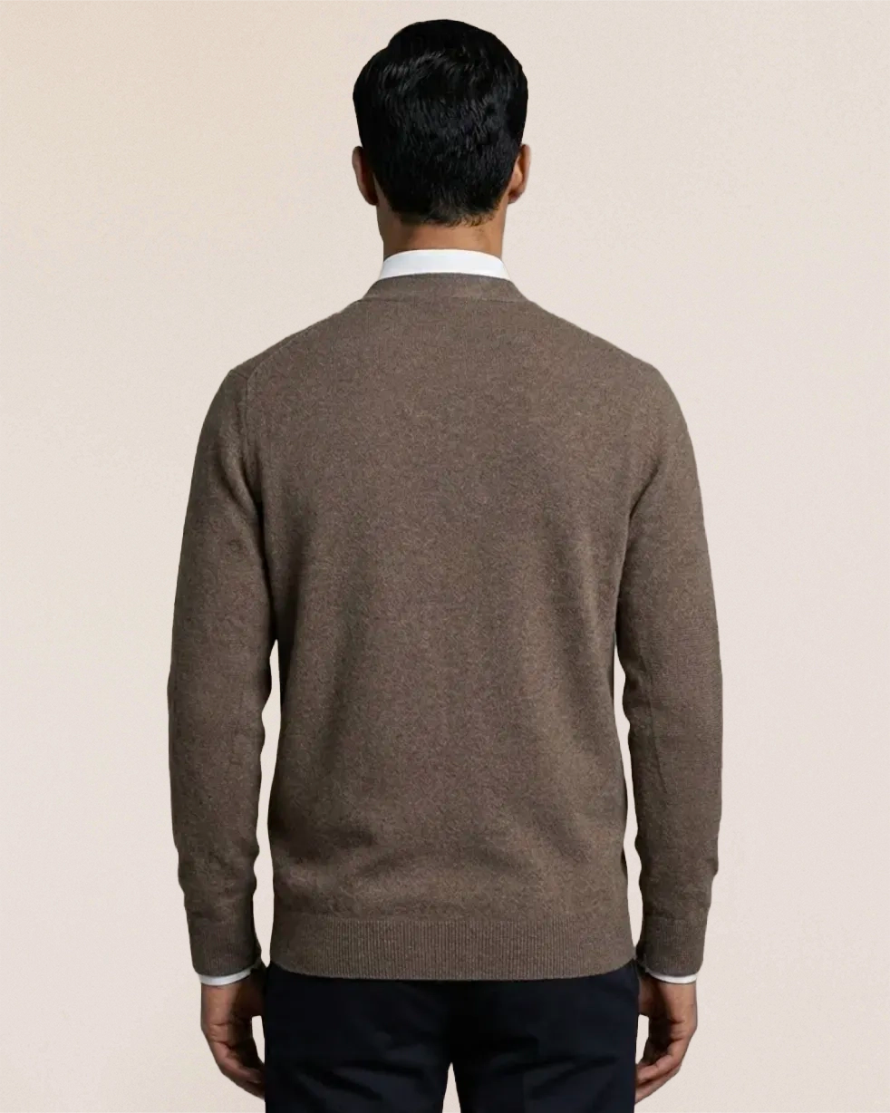 VIONIS·XY camel cashmere cardigan back view, timeless minimalist silhouette