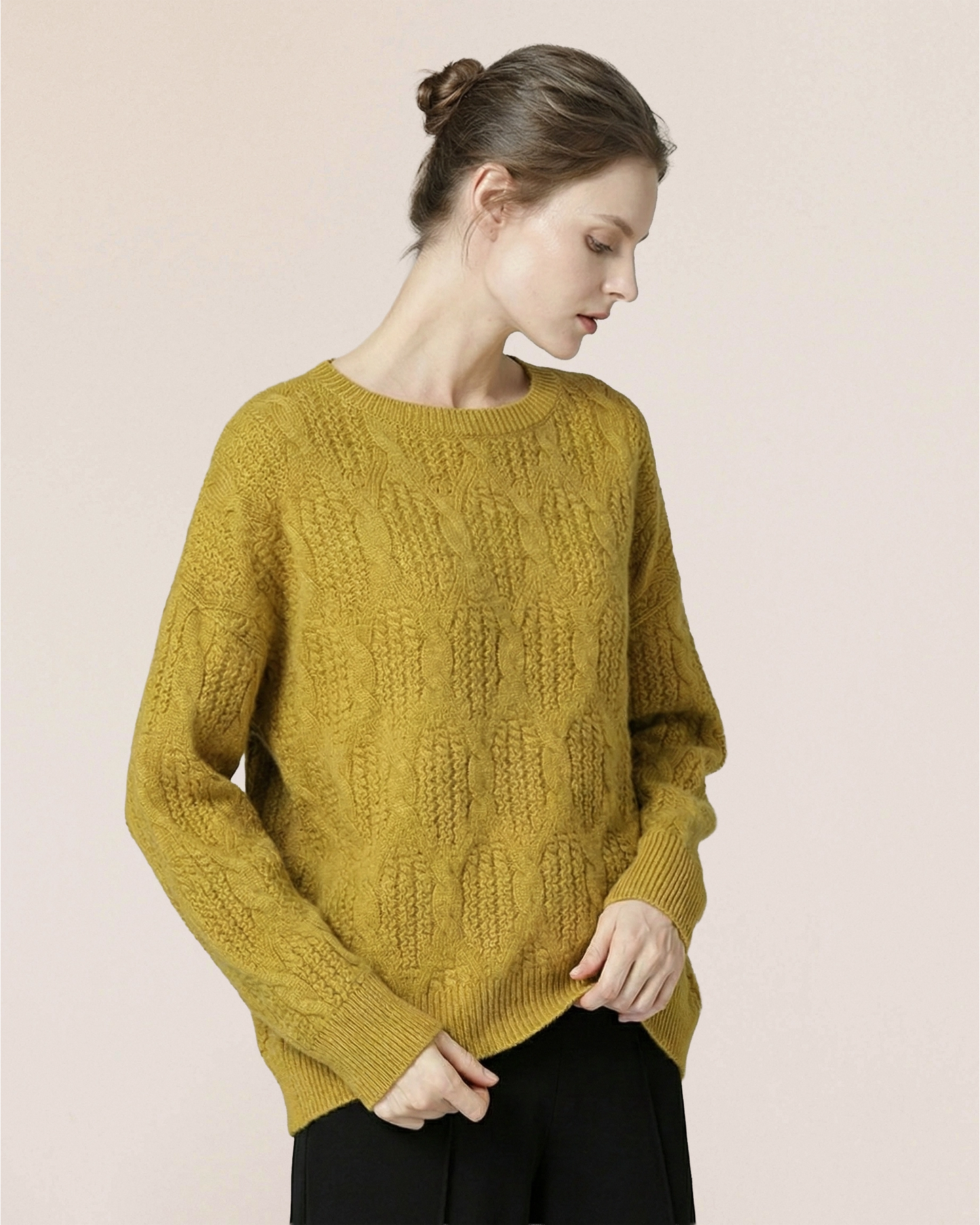 Spiced ochre VIONIS·XY cashmere sweater side view, dense 500g Inner Mongolia cashmere with natural drape