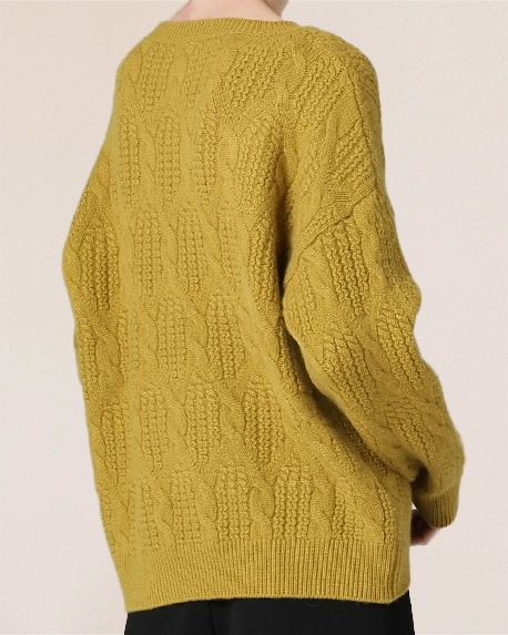VIONIS·XY antique gold cashmere cable knit sweater back view, substantial warmth with clean silhouette