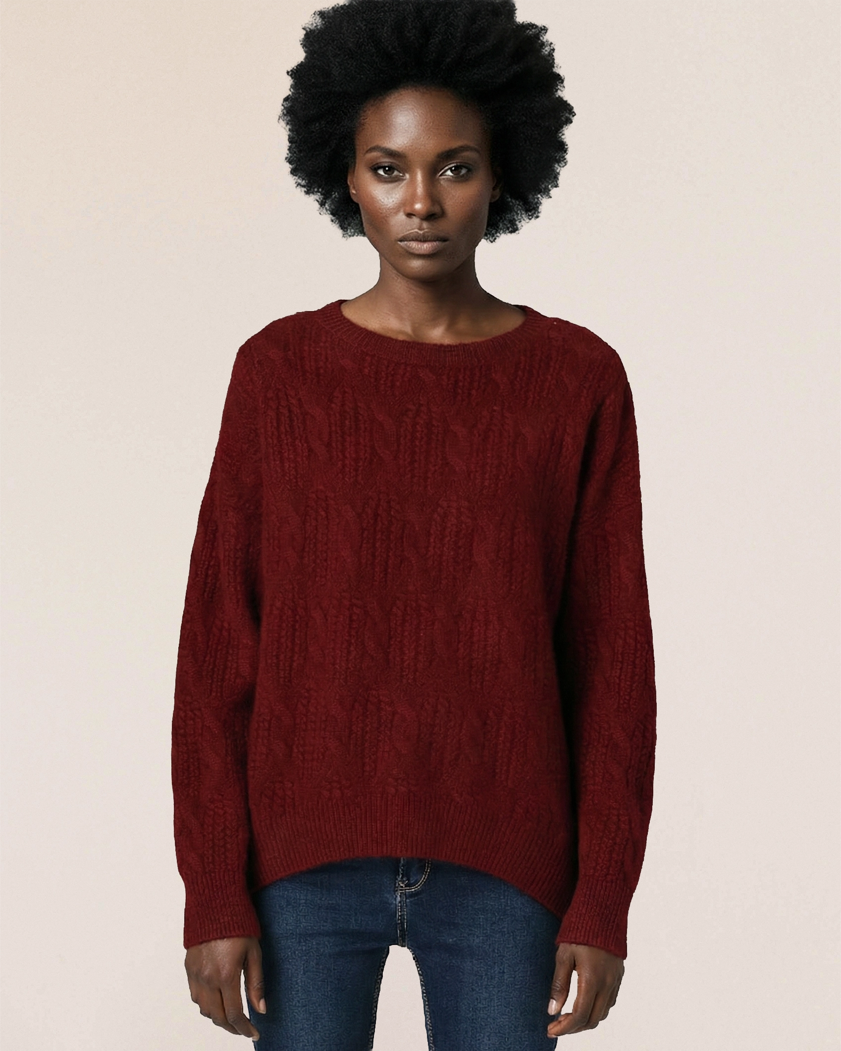 VIONIS·XY 500g cable knit cashmere sweater in bordeaux red, front view with relaxed silhouette and rich color