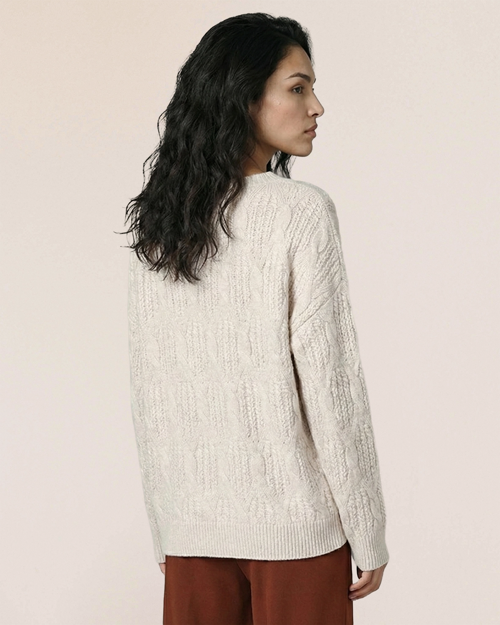 VIONIS·XY ivory white cashmere cable knit sweater back view, relaxed fit in 100% Inner Mongolia cashmere soft Ivory