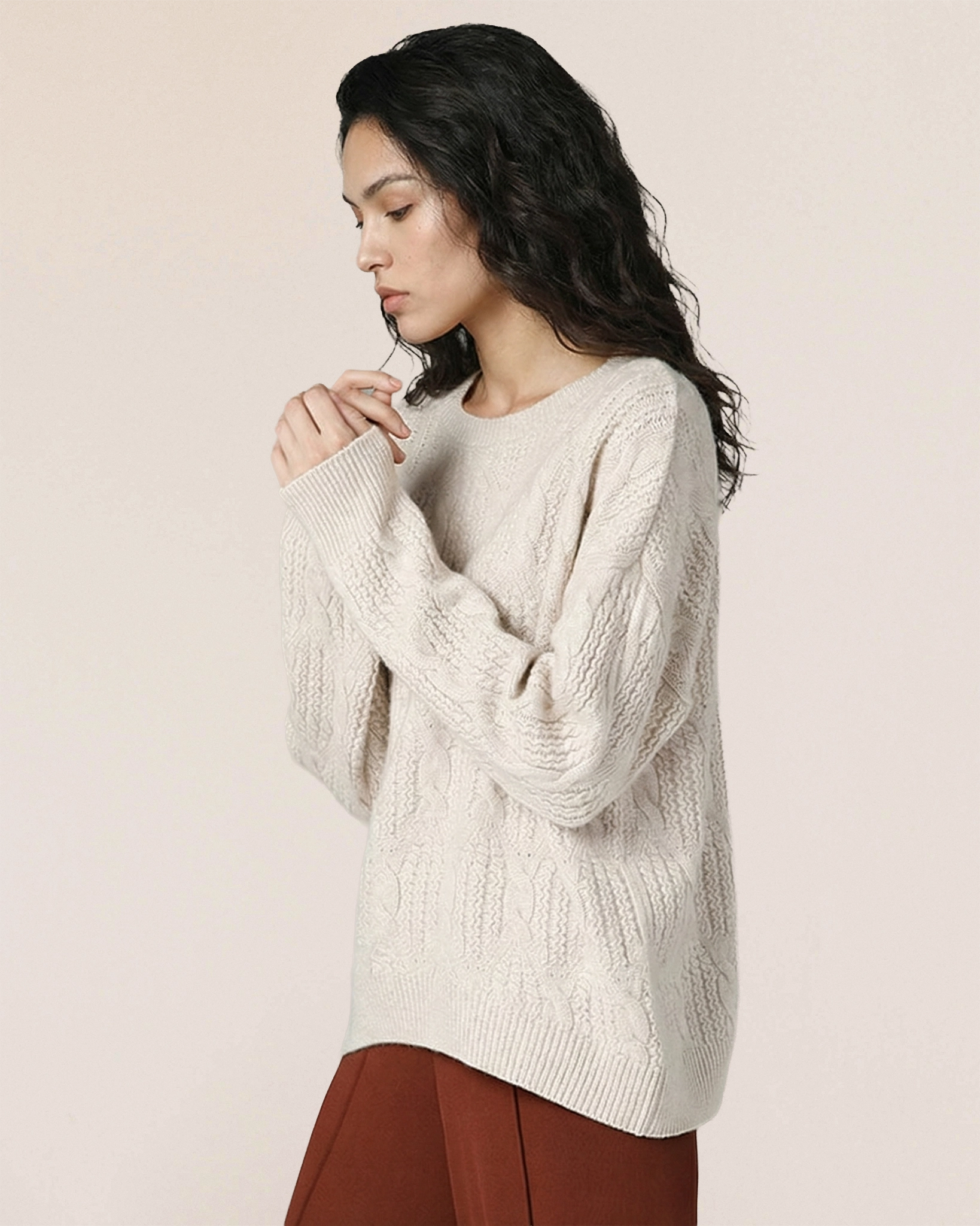Ivory white VIONIS·XY cashmere sweater side view, 500g Inner Mongolia cashmere with substantial drape and warmth soft Ivory