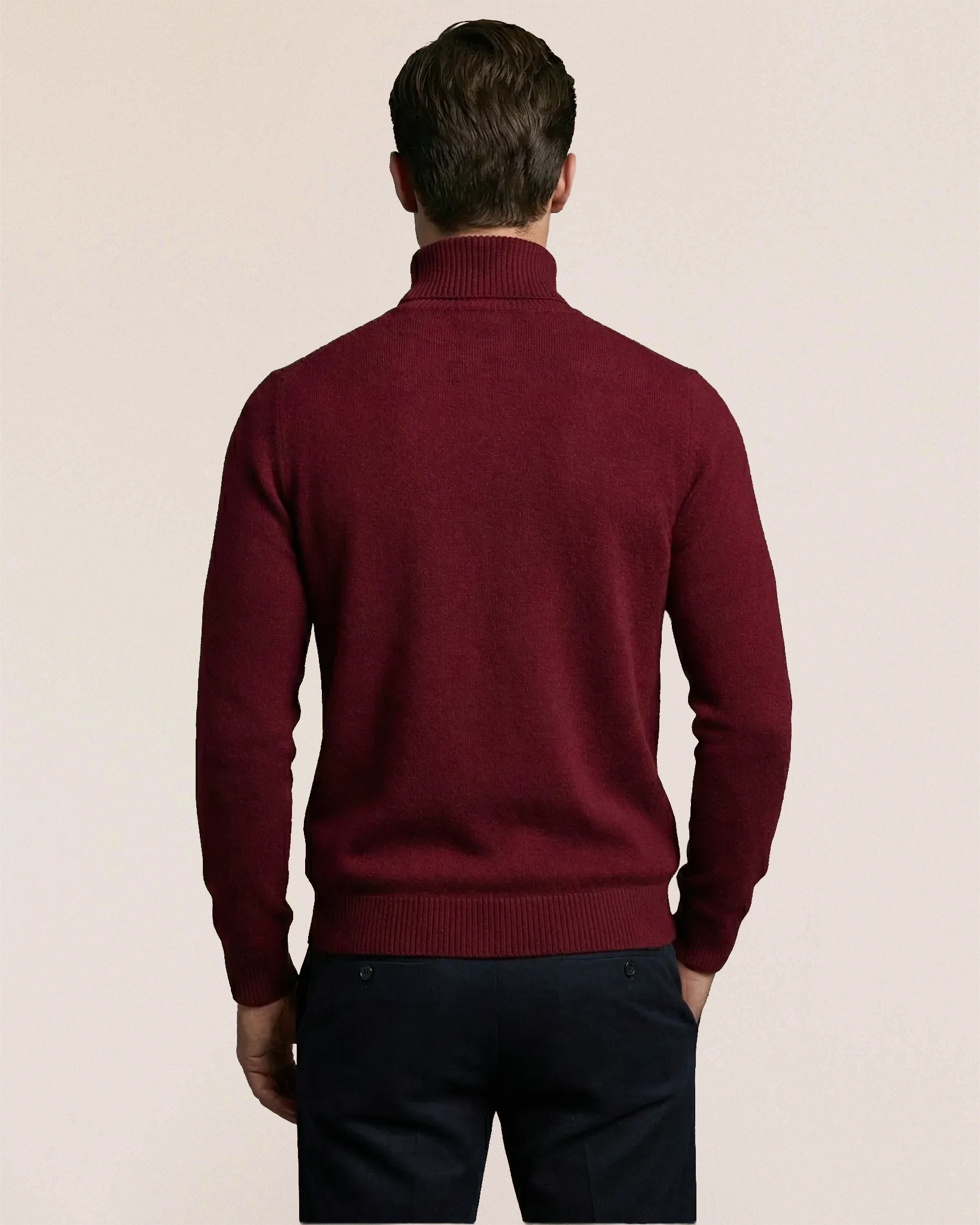 Back view of VIONIS·XY 100% Inner Mongolia Cashmere sweater in Bordeaux