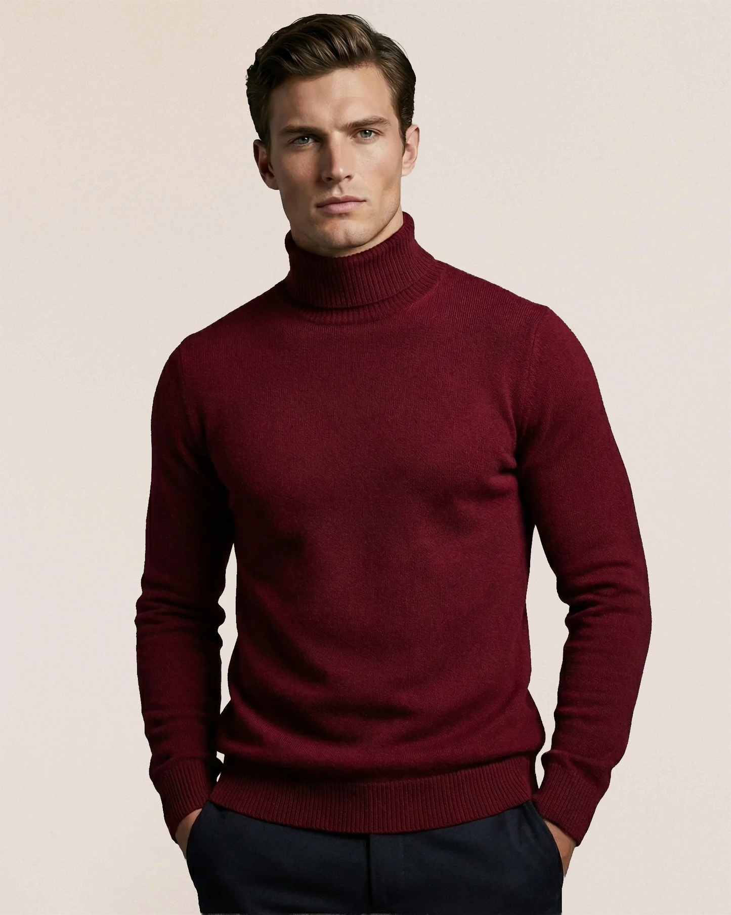 VIONIS·XY 100% Inner Mongolia Cashmere turtleneck sweater in Bordeaux, front view