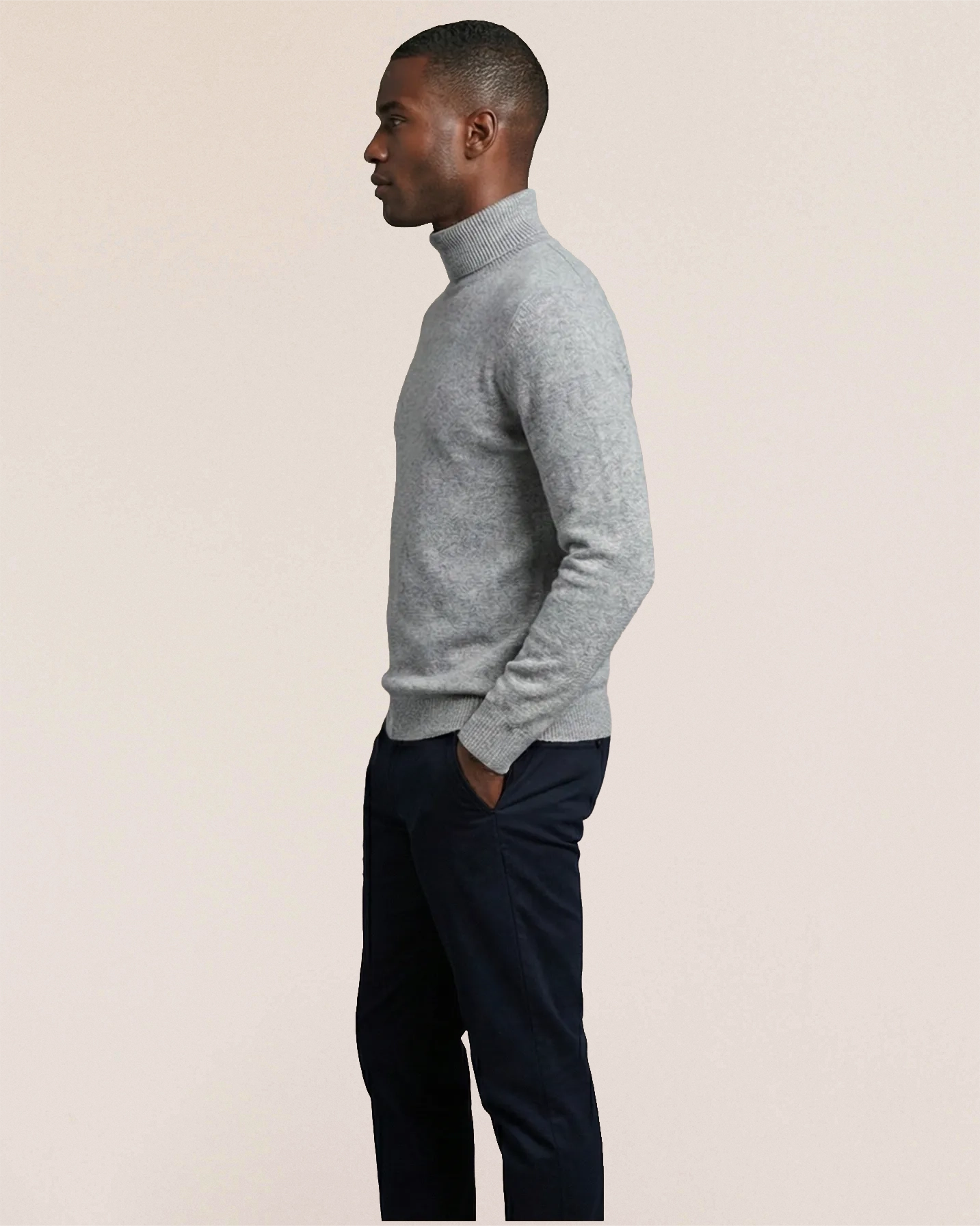 Side view of VIONIS·XY 100% Inner Mongolia Cashmere knit in Heather Grey