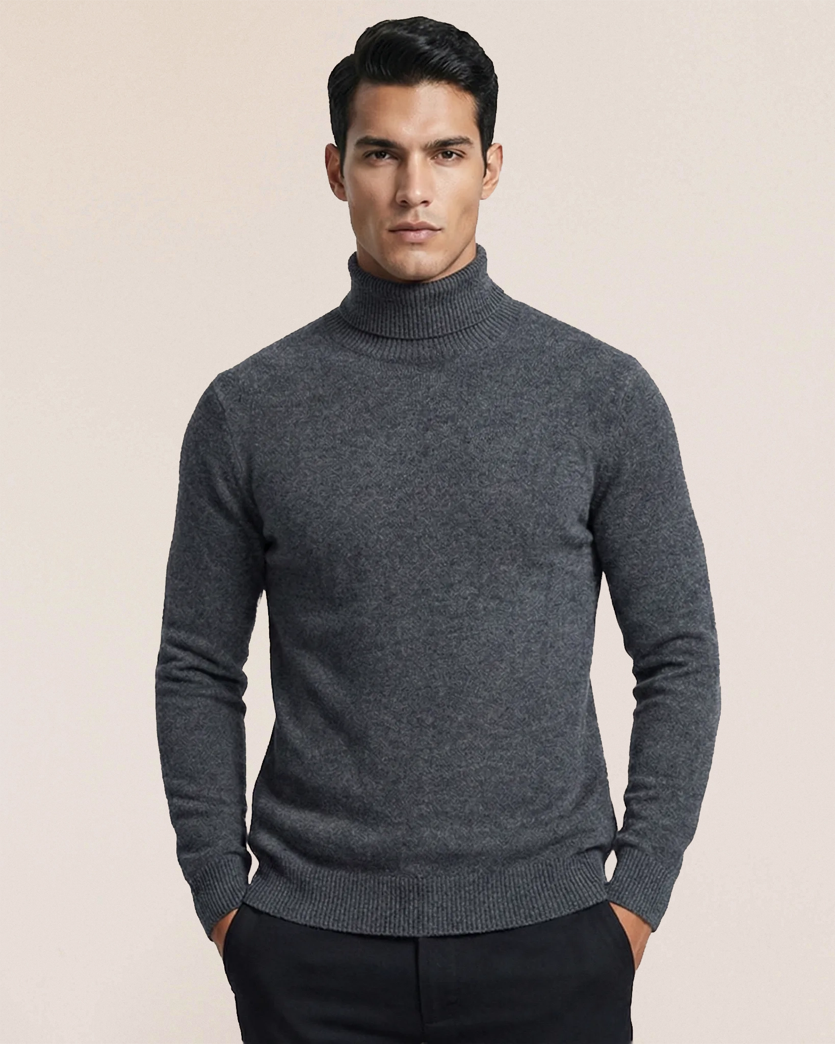 VIONIS·XY 100% Inner Mongolia Cashmere turtleneck sweater in Charcoal Grey, front view