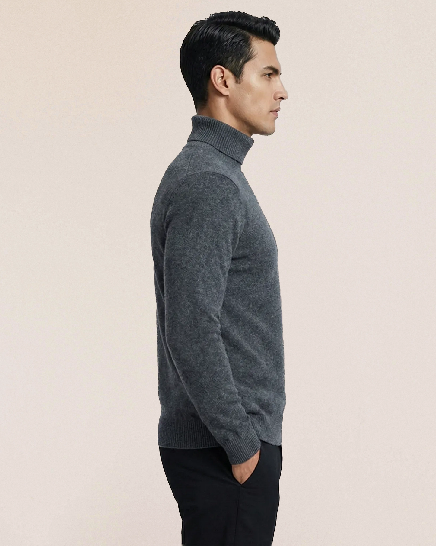 Side view of VIONIS·XY 100% Inner Mongolia Cashmere sweater in Charcoal Grey