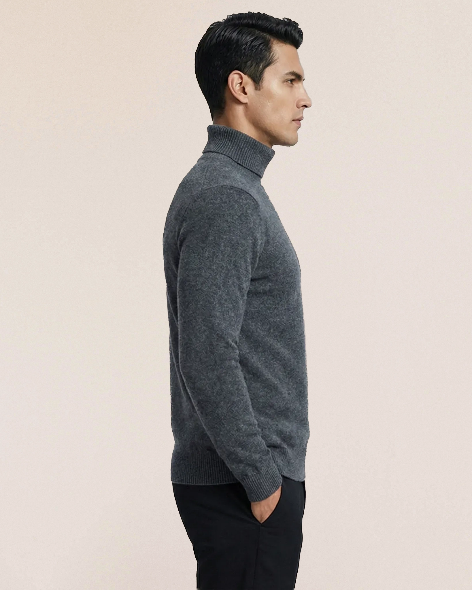 Side view of VIONIS·XY 280g 100% Inner Mongolia Cashmere sweater in Charcoal Grey