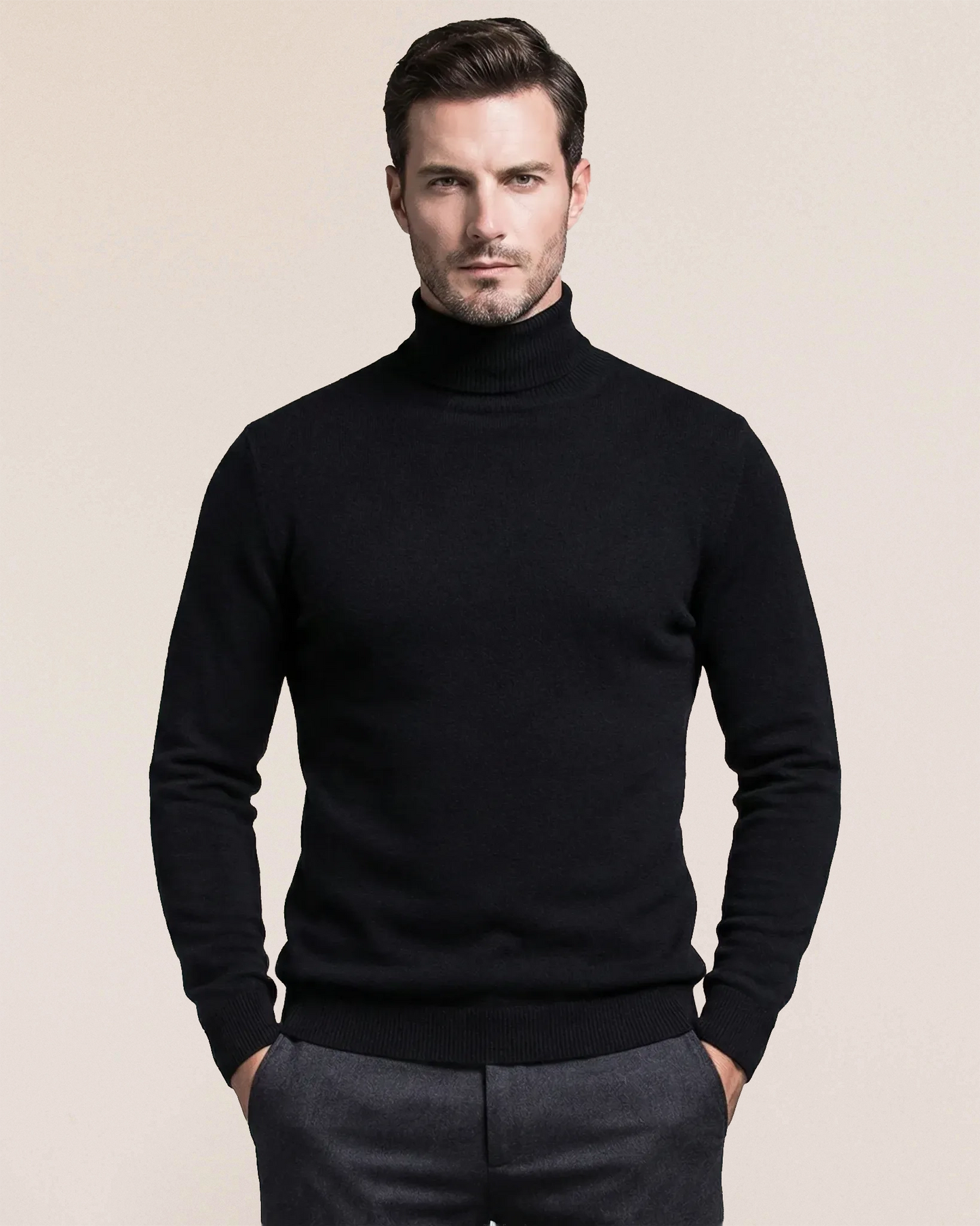 VIONIS·XY 100% Inner Mongolia Cashmere turtleneck sweater in Black, front view heavyweight knit