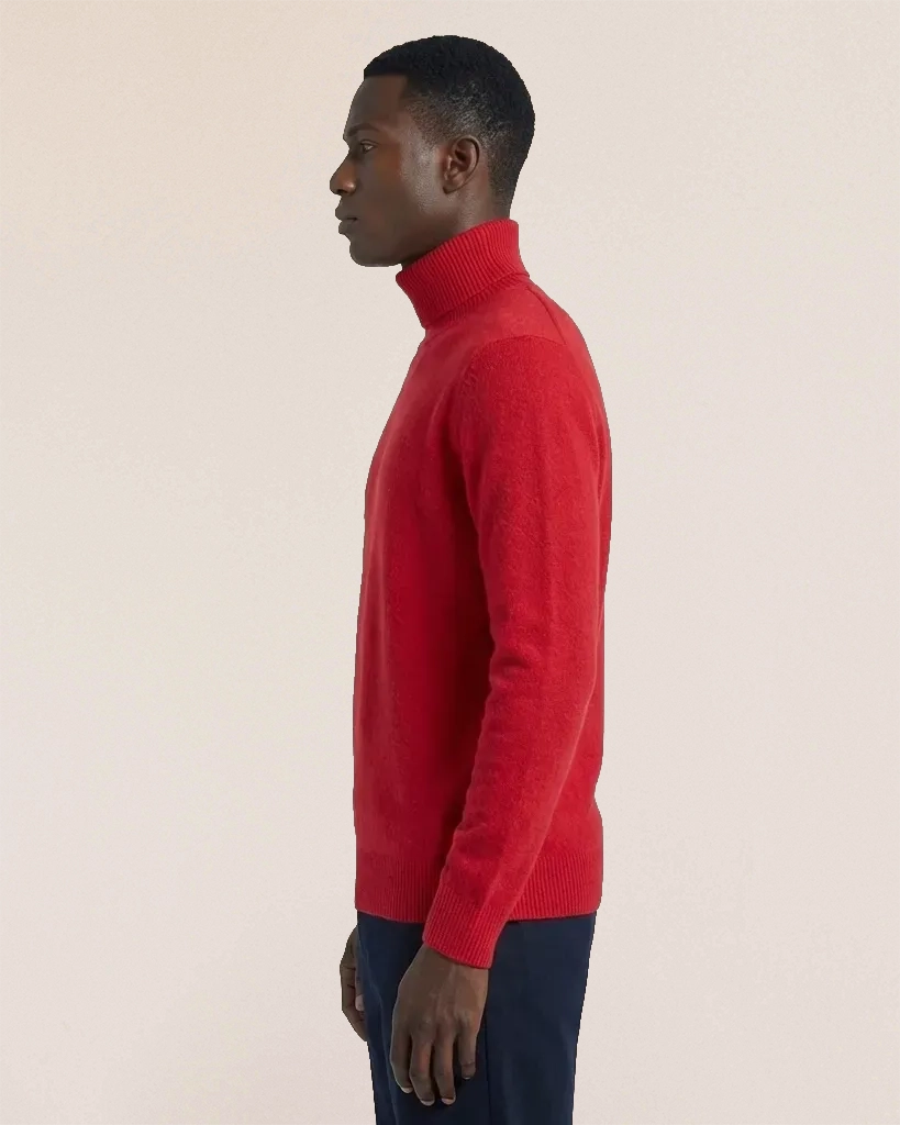Side profile of VIONIS·XY 280g 100% Inner Mongolia Cashmere knit in Scarlet