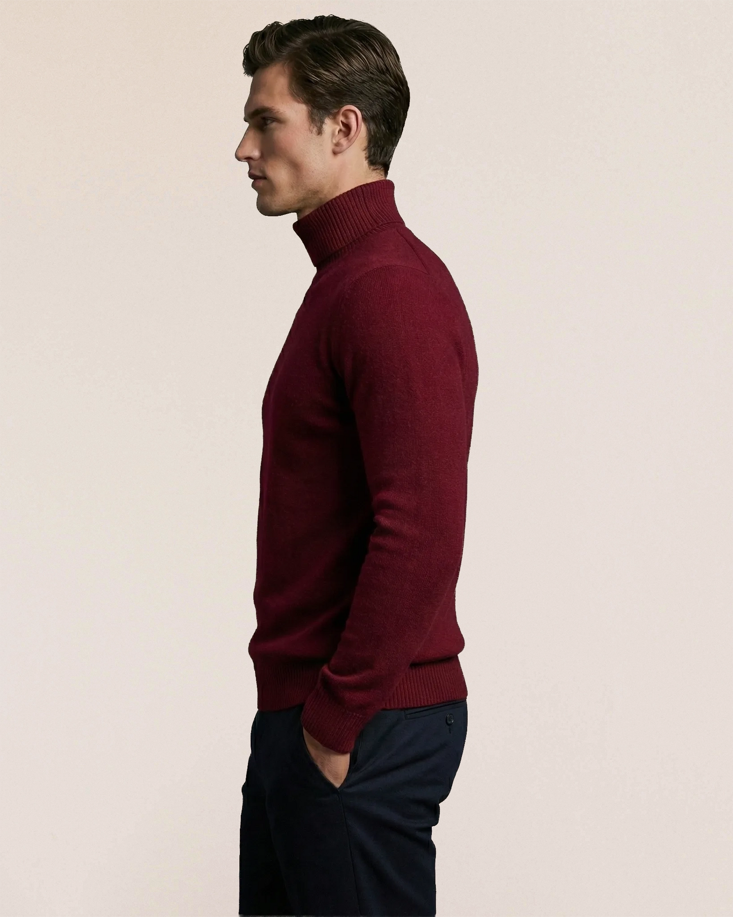 Side view of VIONIS·XY 100% Inner Mongolia Cashmere knit in Bordeaux