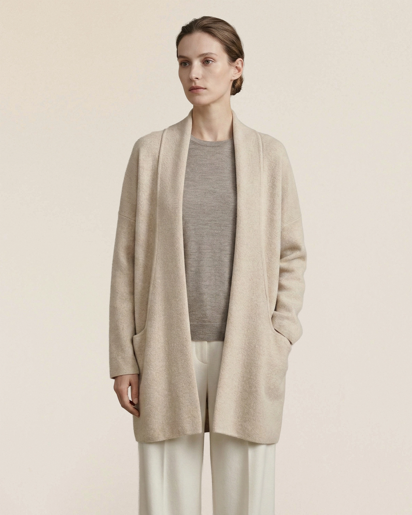 VIONIS·XY Women's 650g 100% Cashmere Open Front Cardigan Ecru – Side Model View