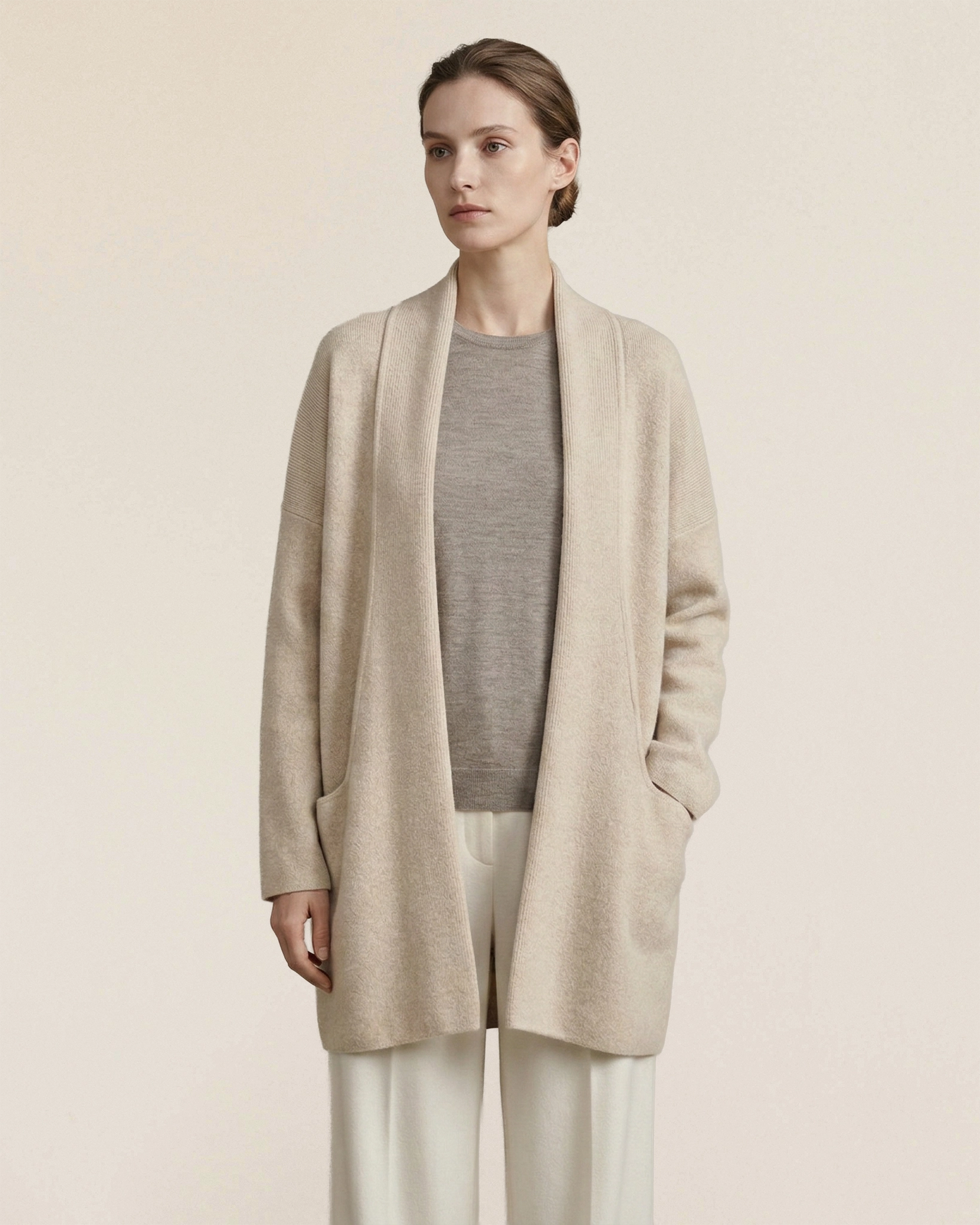 VIONIS·XY Women's 650g 100% Cashmere Open Front Cardigan Ecru – Side Model View