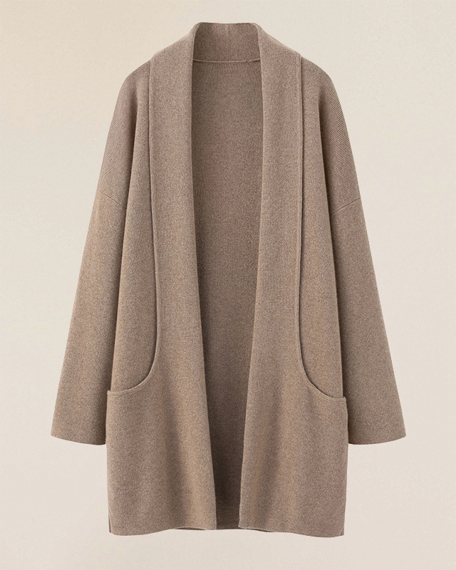 VIONIS·XY 650g Pure Cashmere Open Cardigan Flat Lay Front Oatmeal