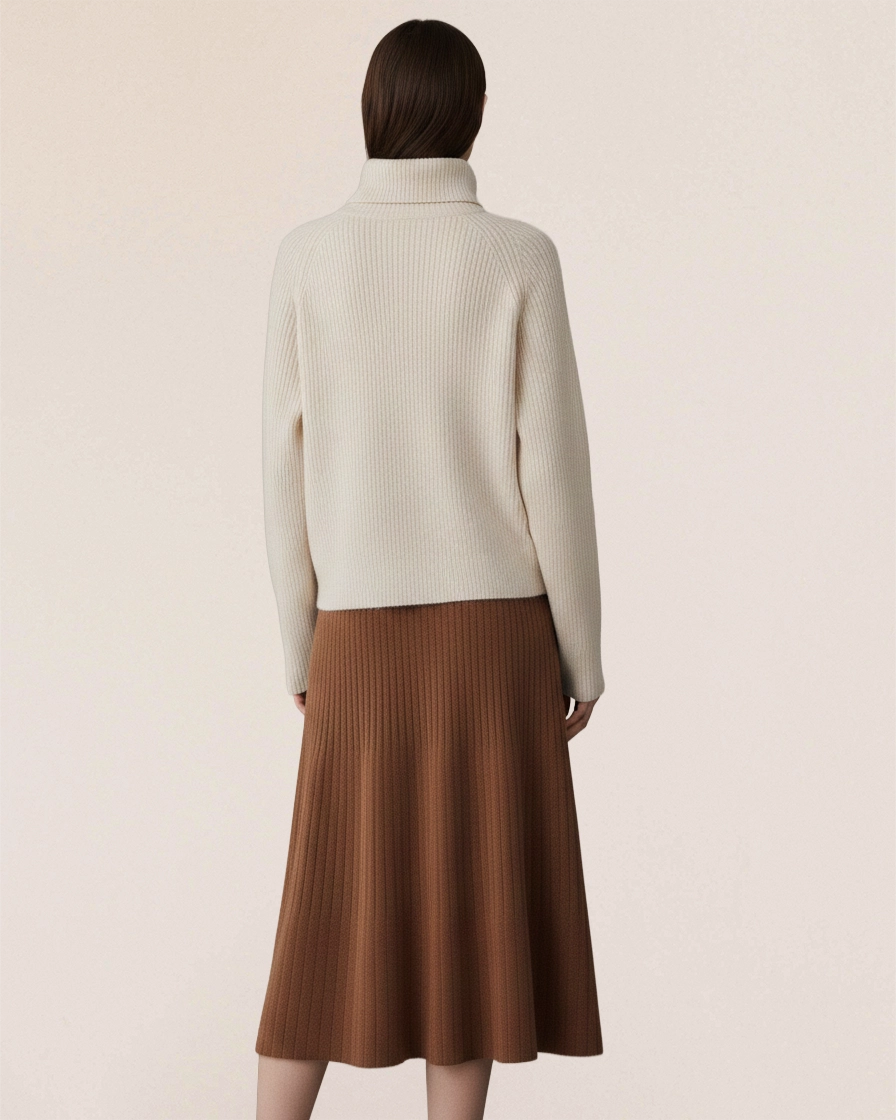 VIONIS·XY 360g cashmere maxi skirt in classic camel, back view highlighting clean lines and elasticated waist, pure Inner Mongolian cashmere