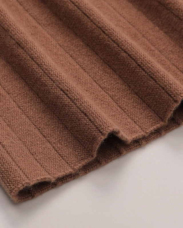 VIONIS·XY classic camel cashmere skirt hem detail, 360g weight creating elegant drape and fluid movement