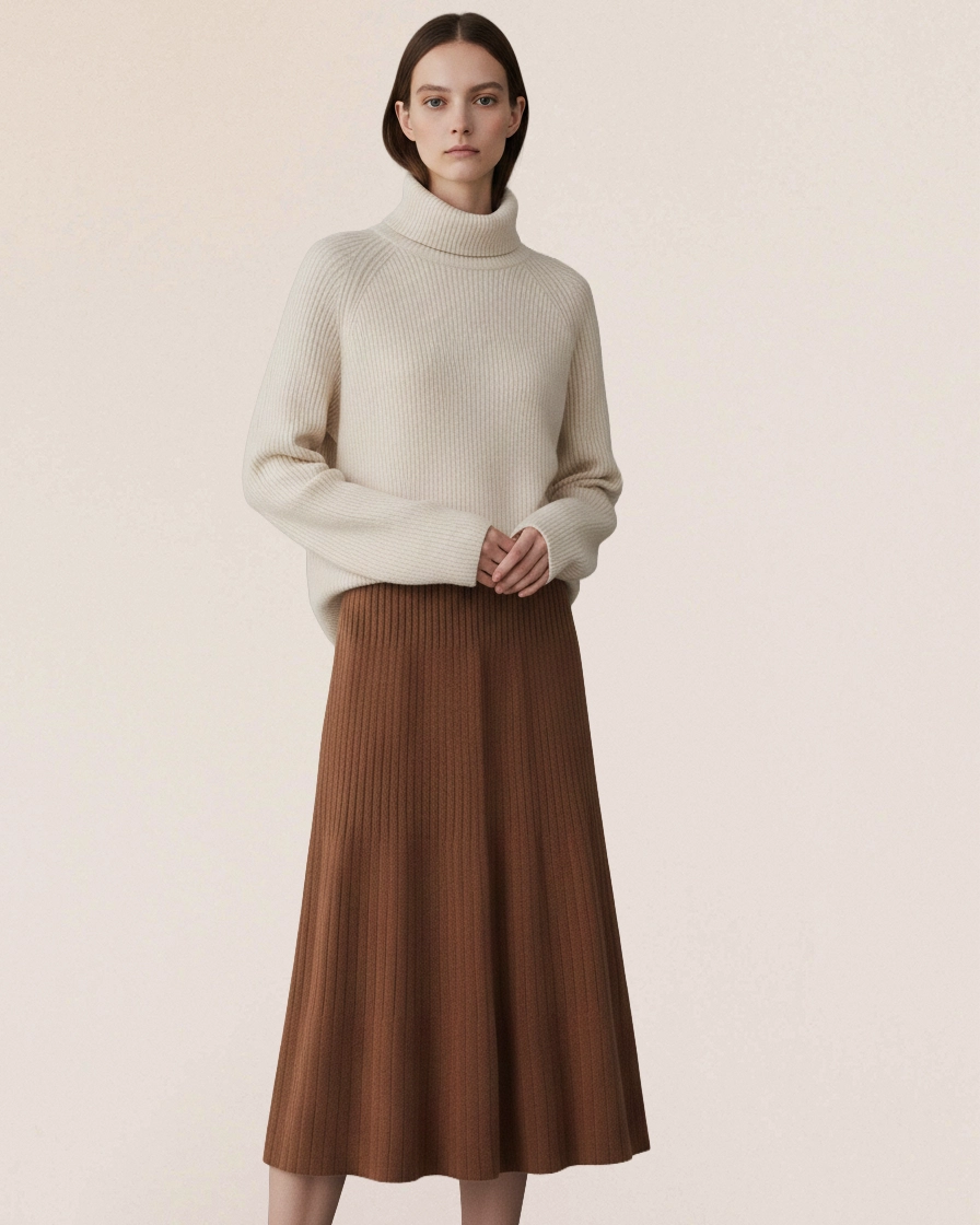 VIONIS·XY 360g Essential Cashmere Maxi Skirt in Classic Camel, front view showcasing fluid drape and minimalist silhouette, made from 100% Inner Mongolian cashmere