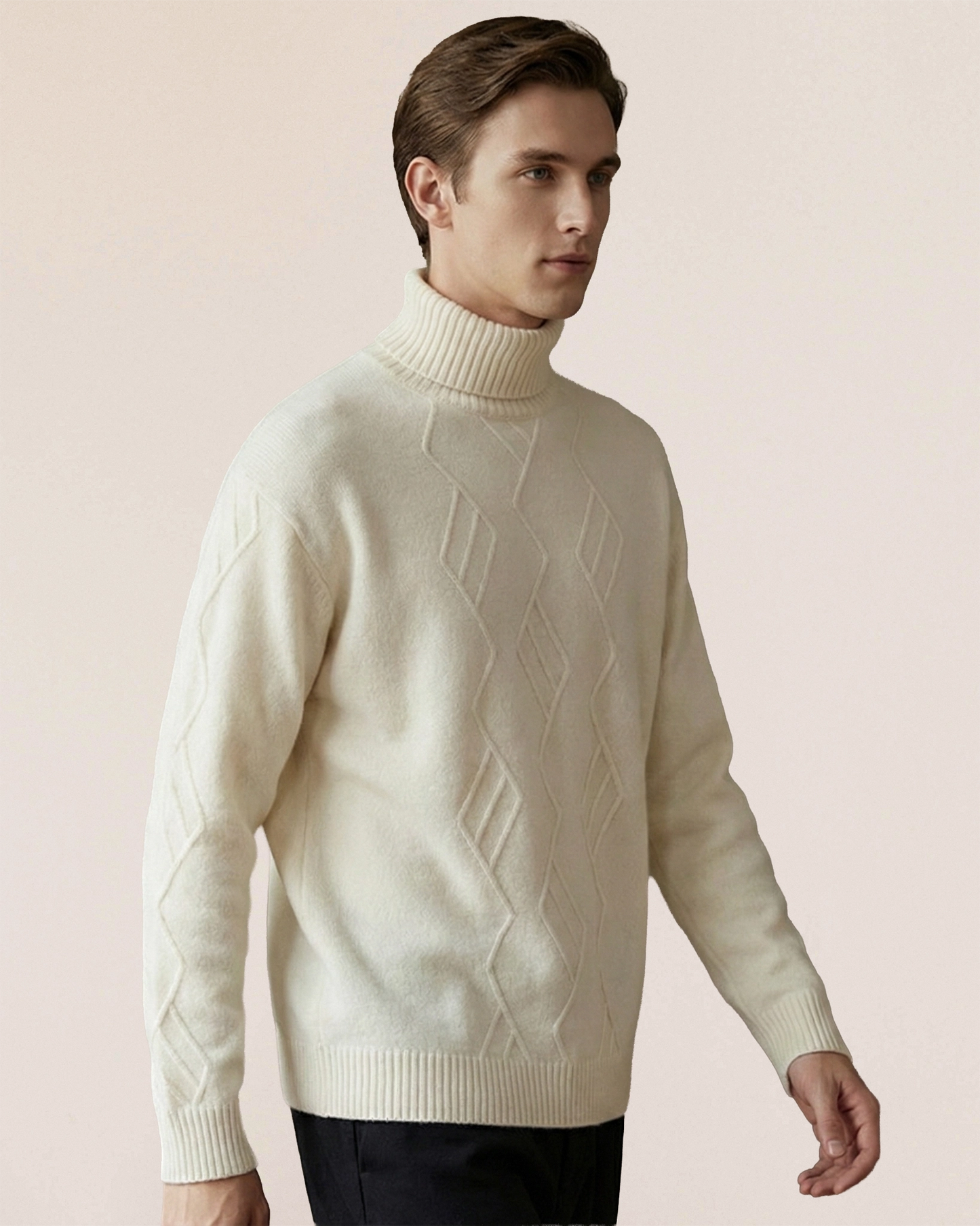 Soft ivory VIONIS·XY cashmere sweater side view, structured yet fluid silhouette