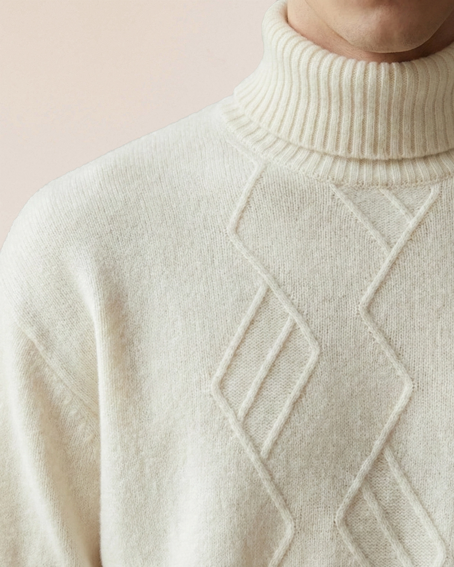 Detail of VIONIS·XY soft ivory high-neck collar, ribbed turtleneck in dense cashmere