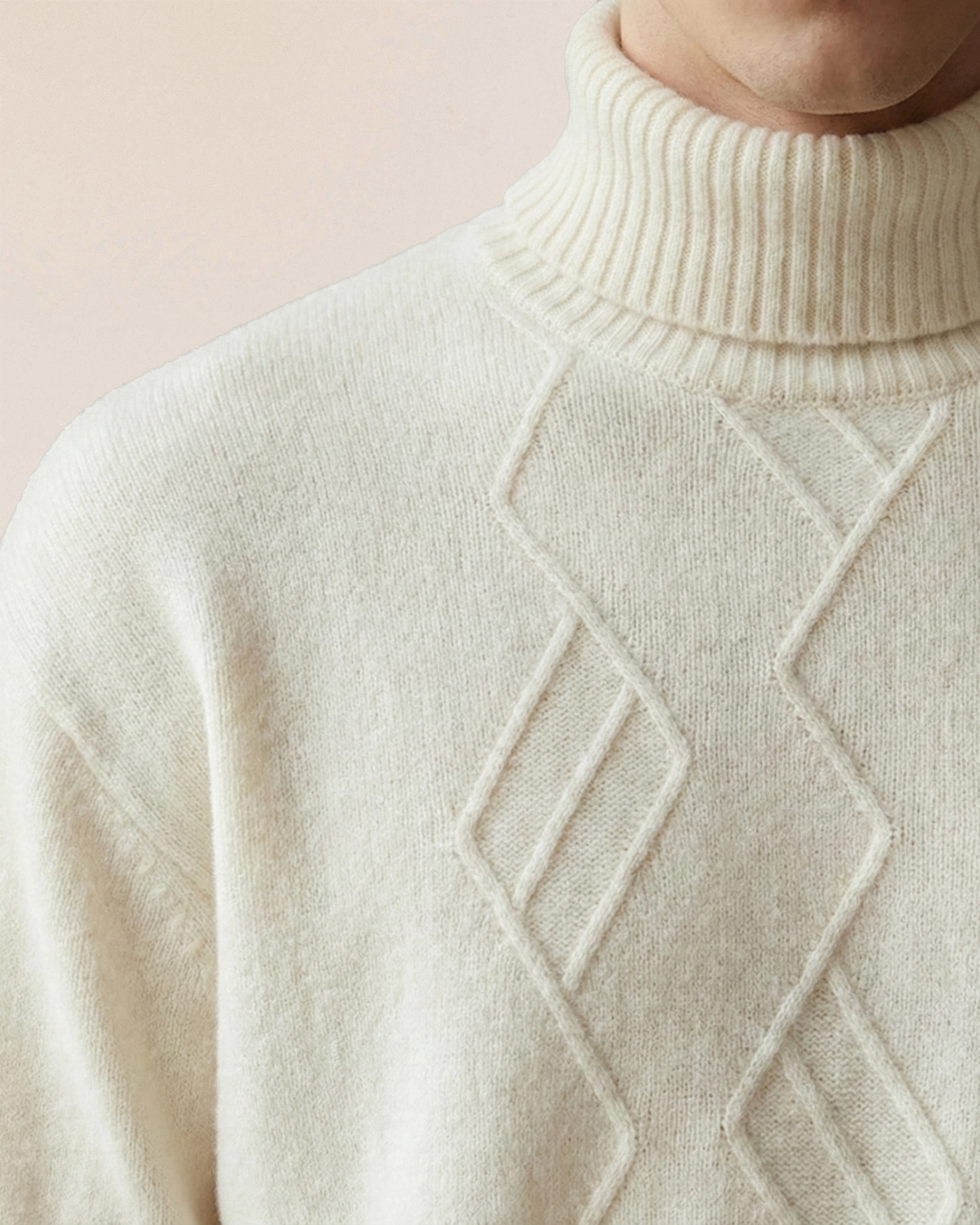 Detail of VIONIS·XY soft ivory high-neck collar, ribbed turtleneck in dense cashmere