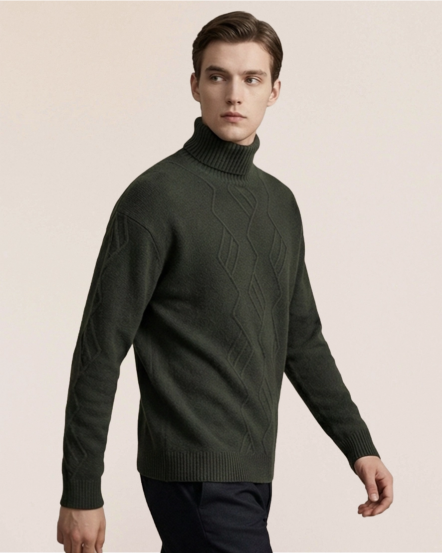 Dark olive VIONIS·XY cashmere sweater side view, architectural knit with relaxed structure forest night