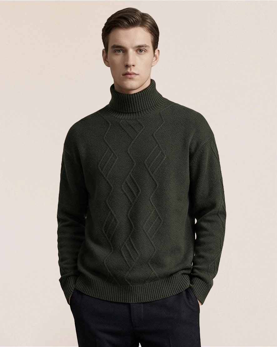 VIONIS·XY 460g Mongolian cashmere sweater in dark olive, front view with raised geometric pattern forest night