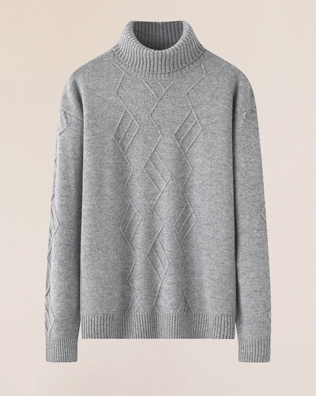 VIONIS·XY 460g Mongolian cashmere sweater flat lay in heather grey, geometric diamond knit and high-neck design shown clearly