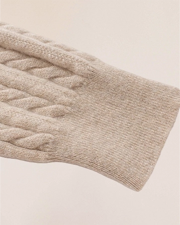 Ribbed cuff detail of VIONIS·XY 330g 100% Inner Mongolian Cashmere cable sweater in Beige