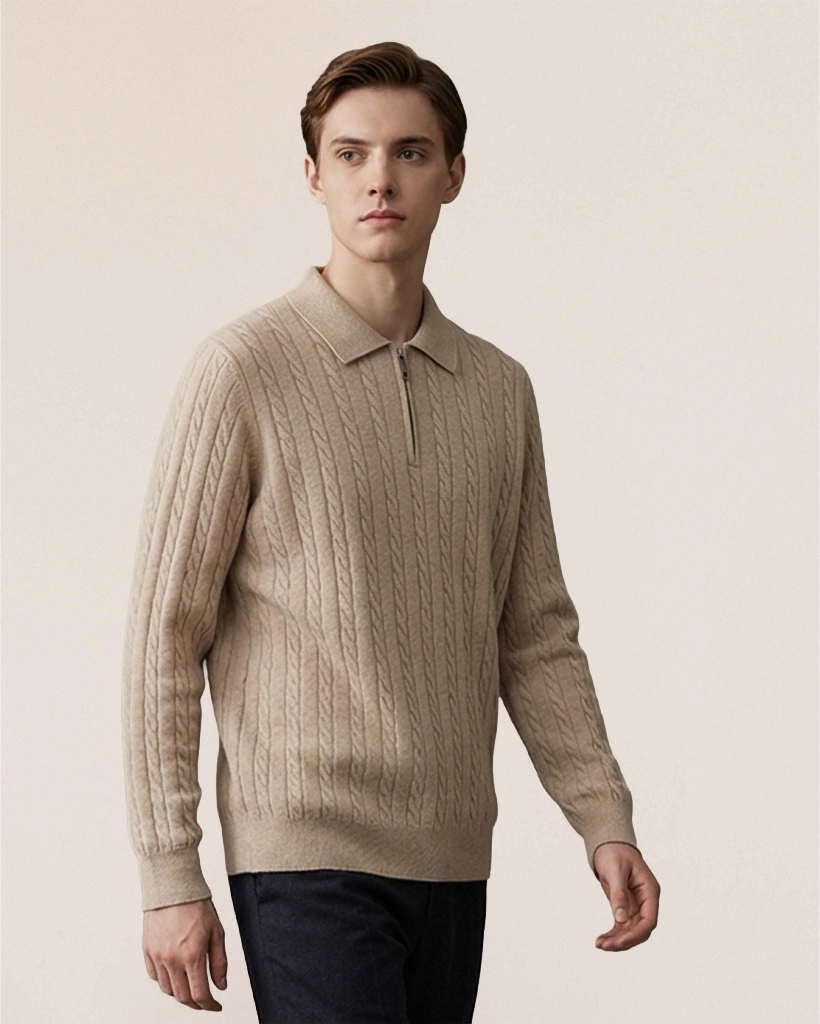 Side view of VIONIS·XY 330g 100% Inner Mongolian Cashmere cable knit sweater in Beige